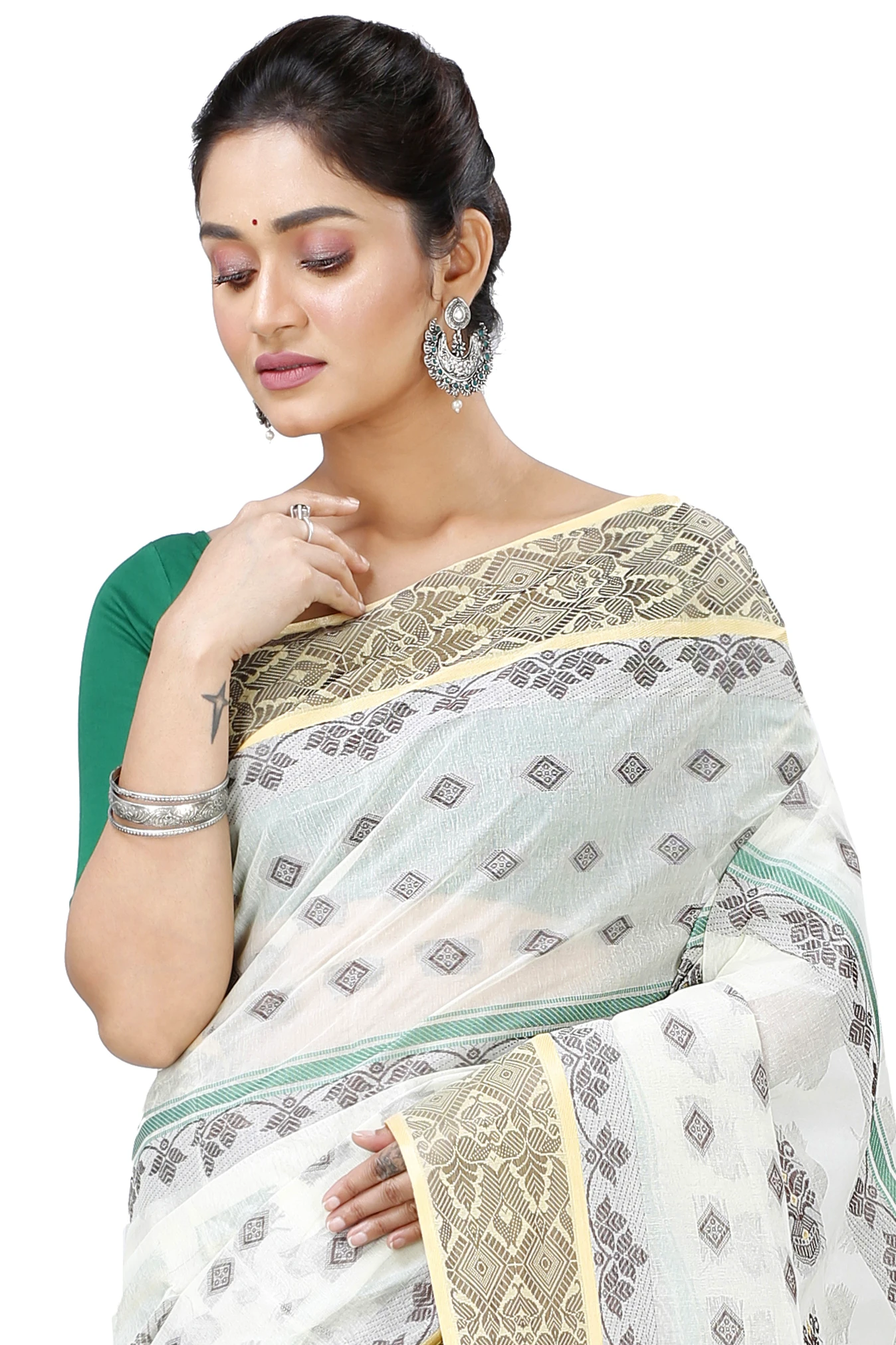 White Pure Cotton Ghusoon Tant Saree (949)