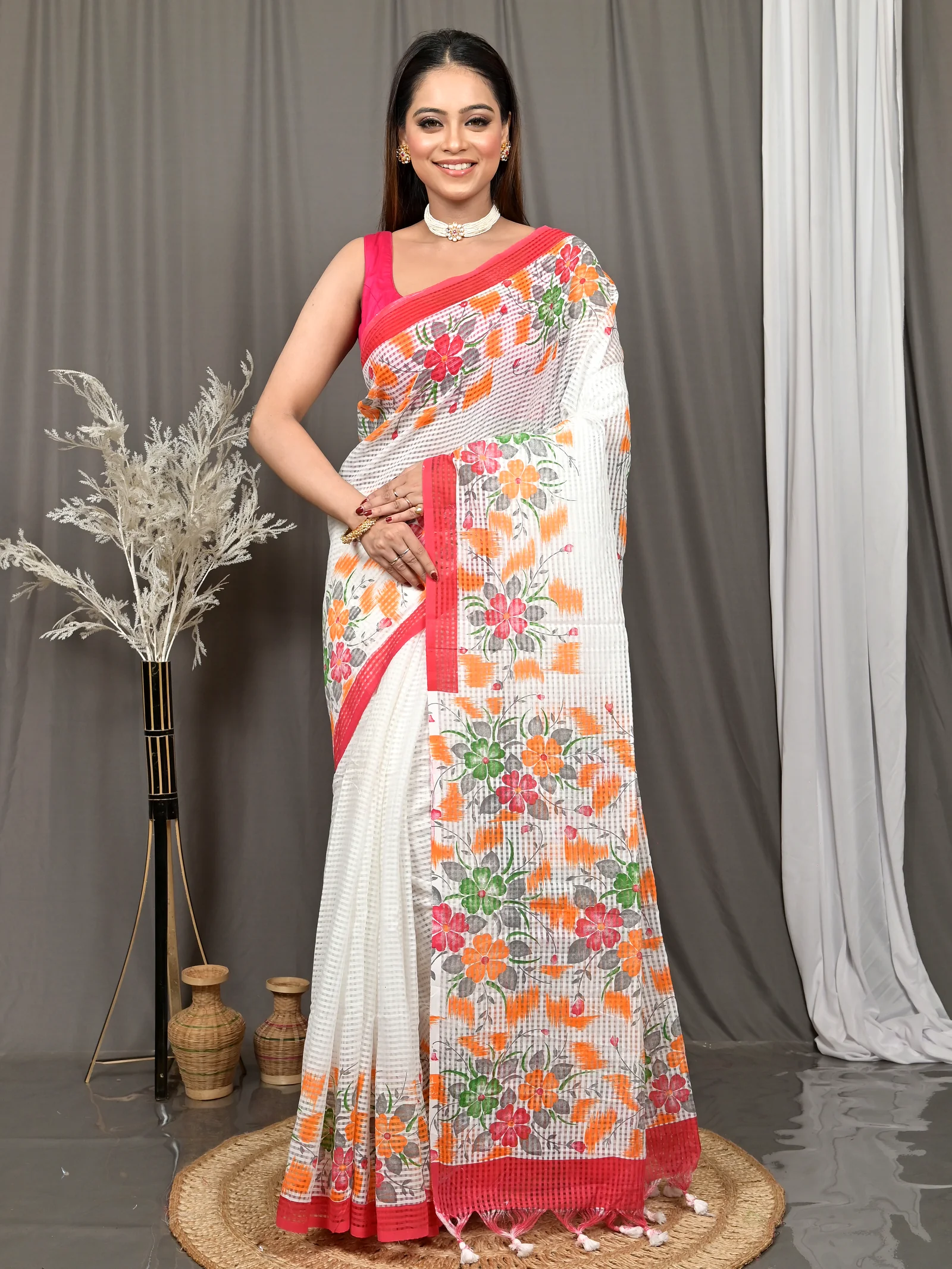 White Red Cotton Soupon Kota Fabric Saree  (95)
