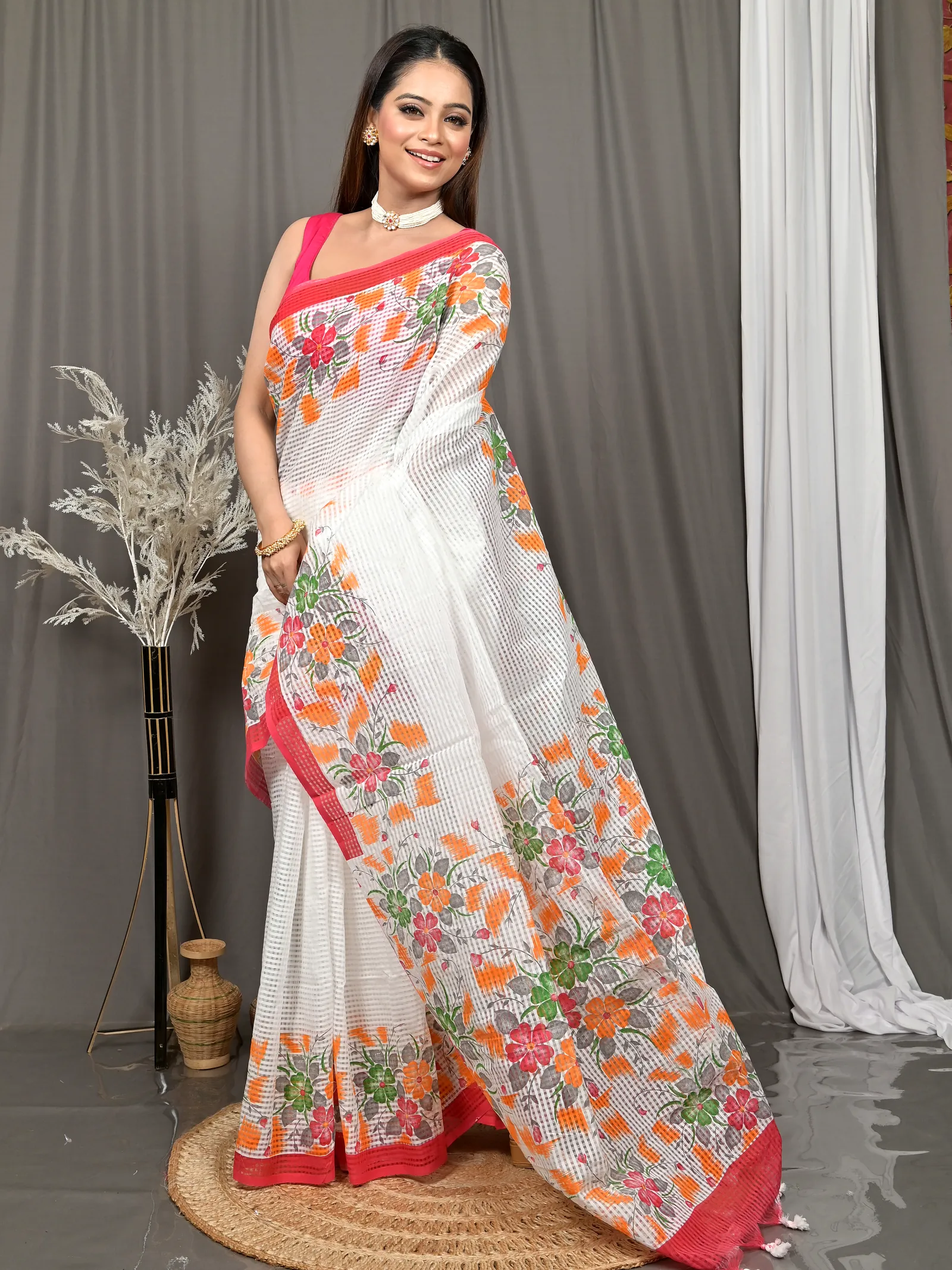 White Red Cotton Soupon Kota Fabric Saree  (95)