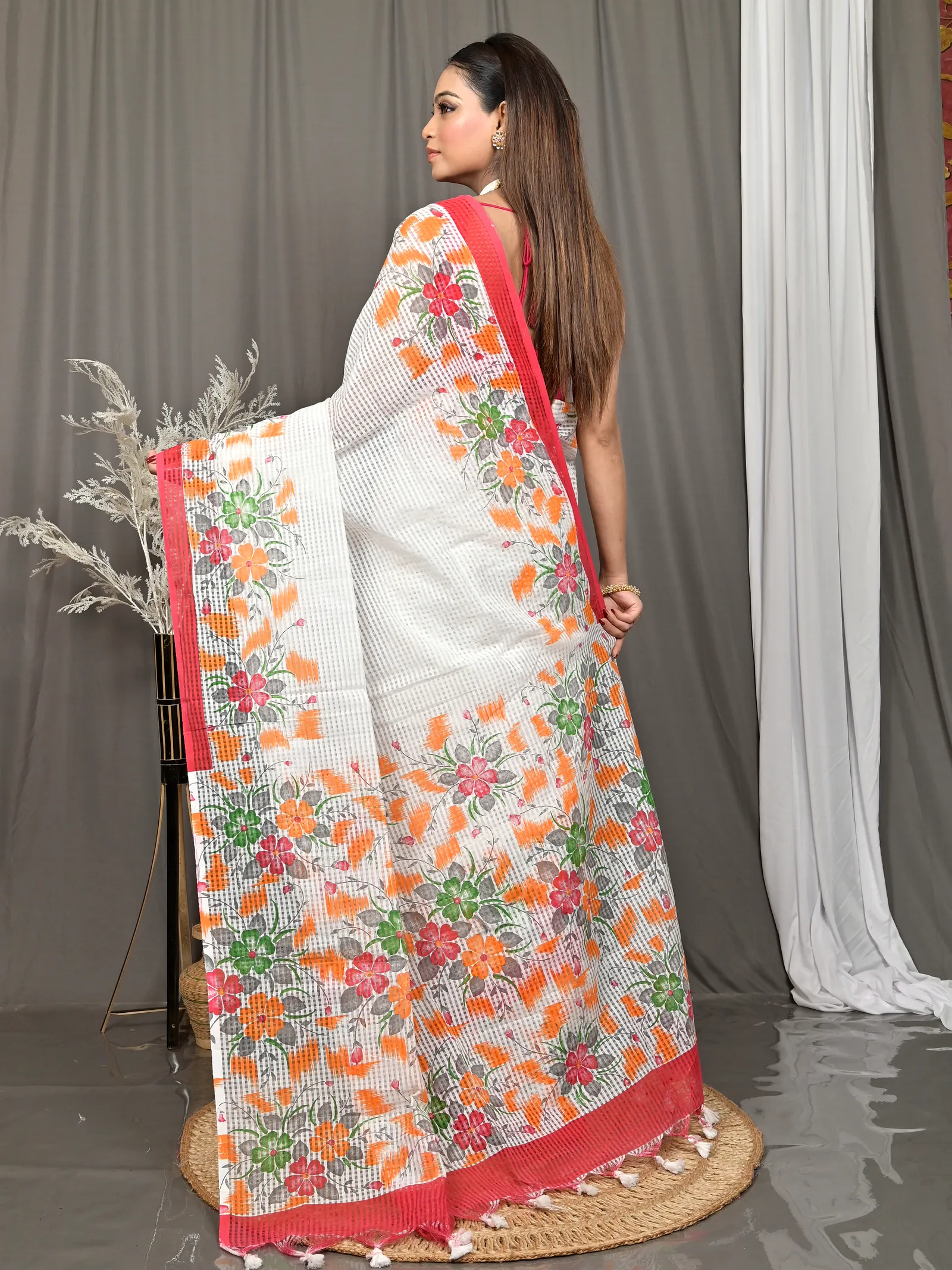 White Red Cotton Soupon Kota Fabric Saree  (95)