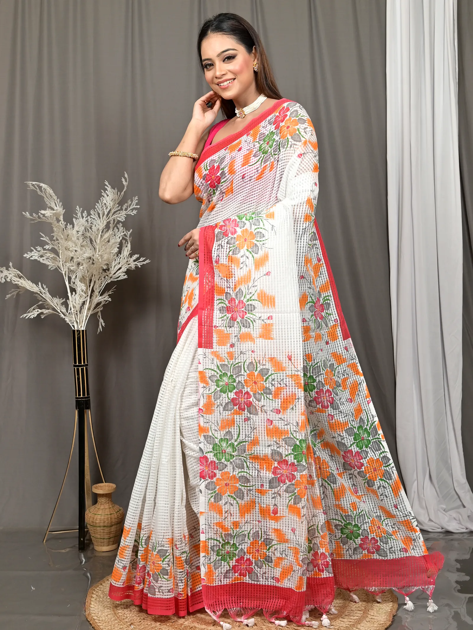 White Red Cotton Soupon Kota Fabric Saree  (95)