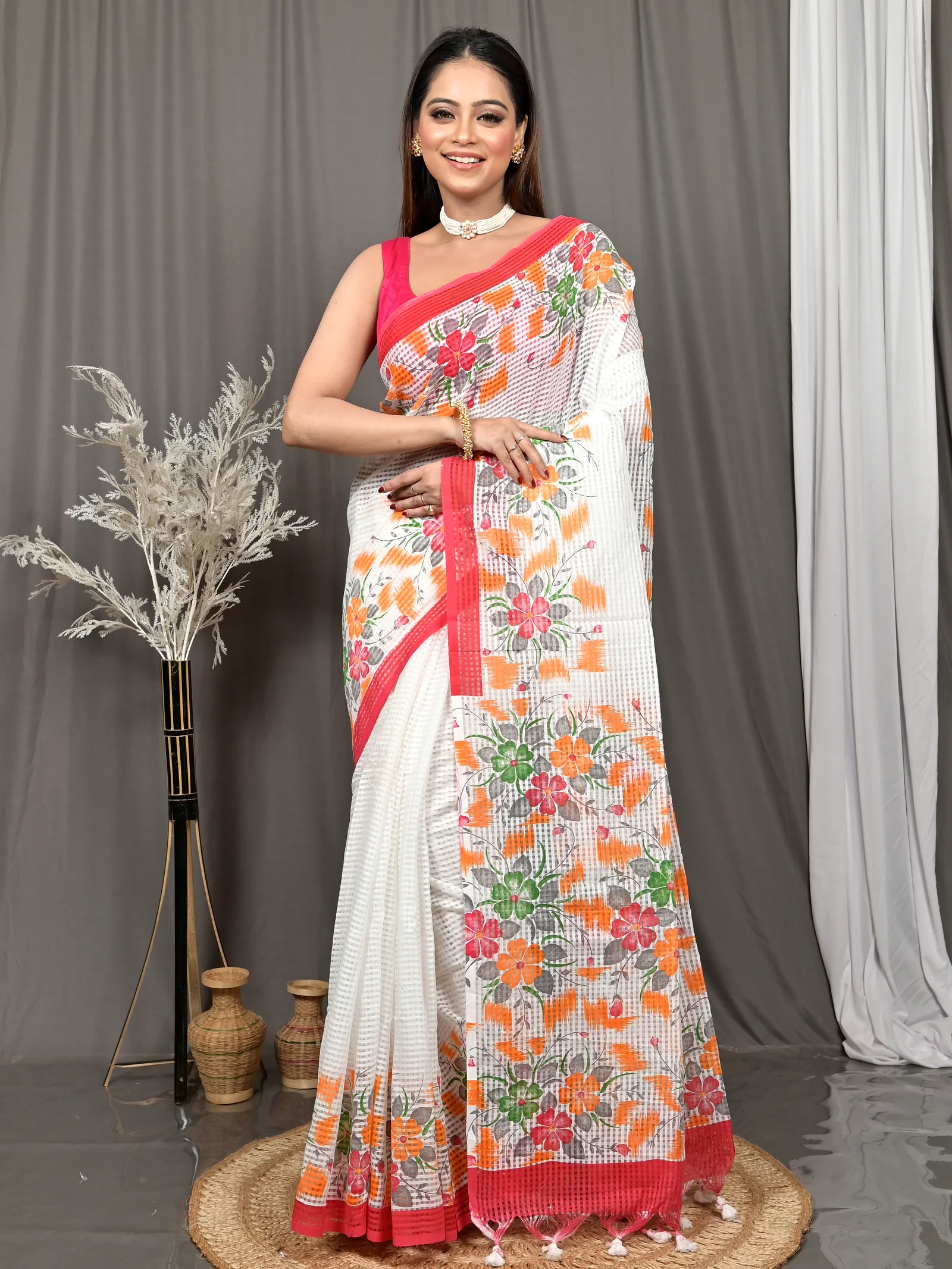 White Red Cotton Soupon Kota Fabric Saree  (95)