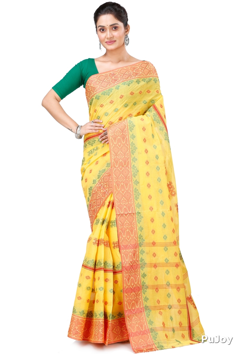 Yellow Pure Cotton Ghusoon Tant Saree (950)