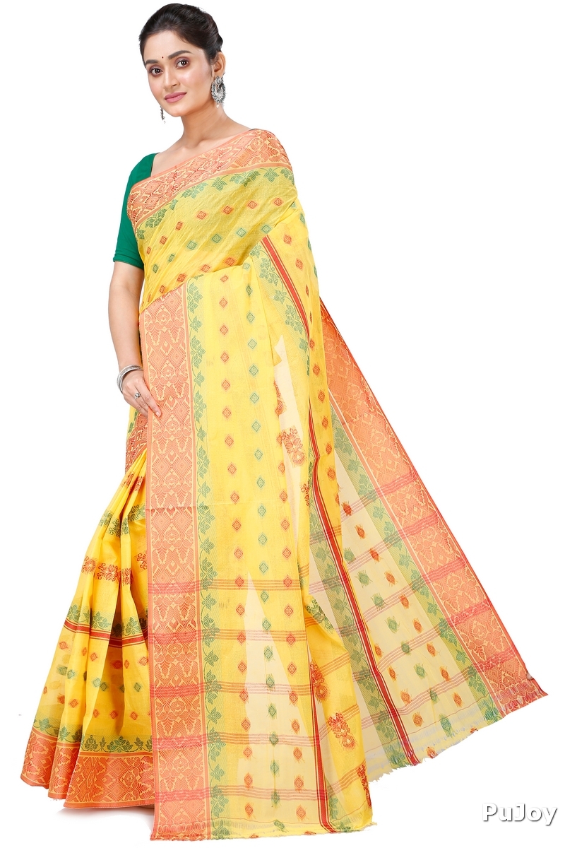 Yellow Pure Cotton Ghusoon Tant Saree (950)