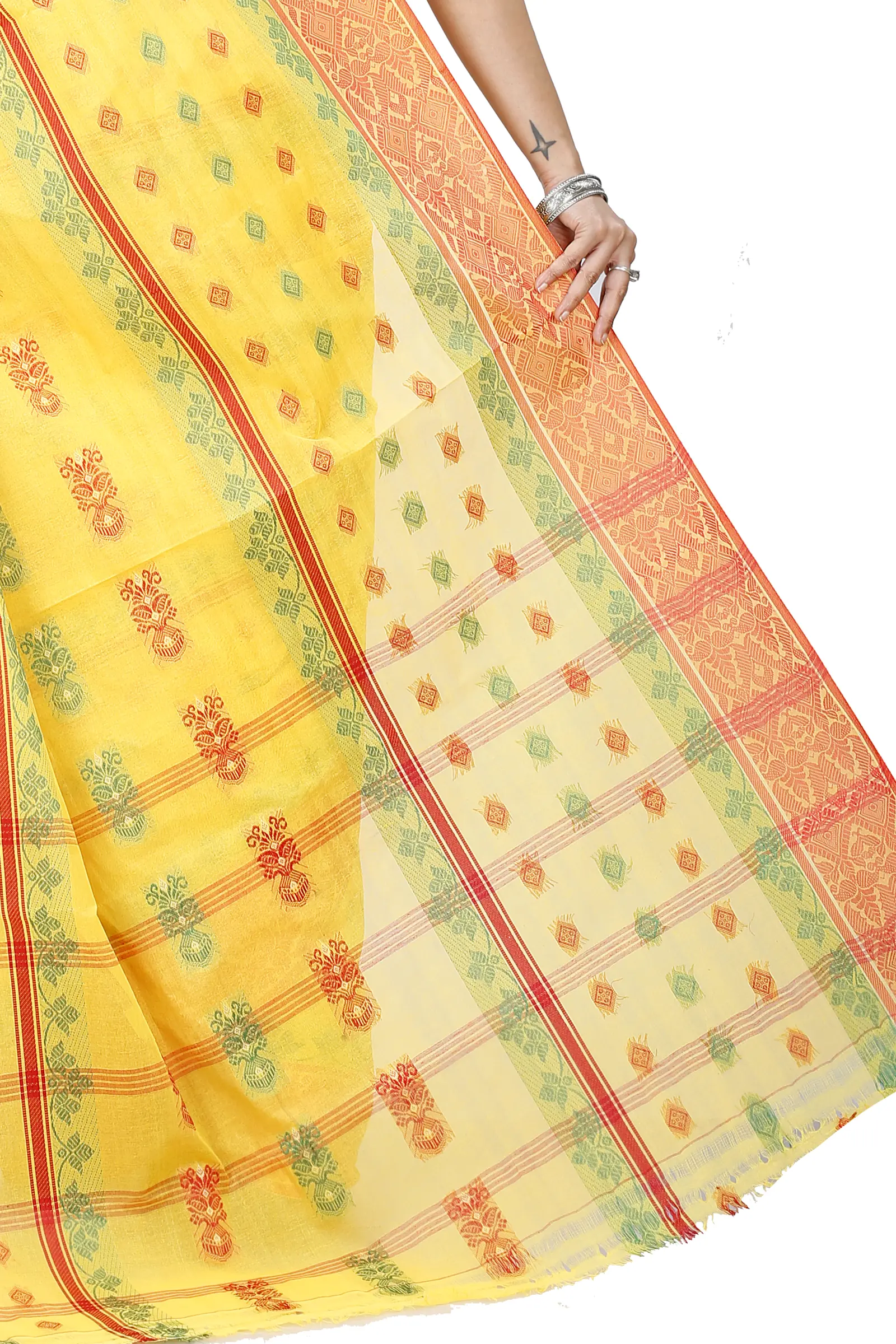 Yellow Pure Cotton Ghusoon Tant Saree (950)