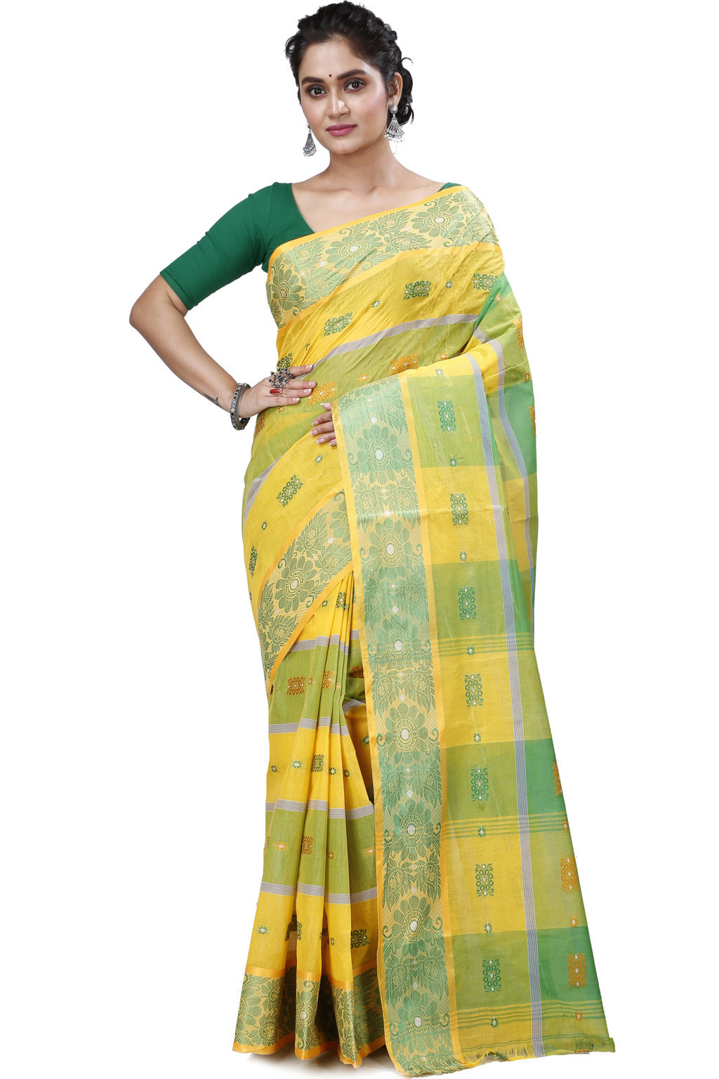 Yellow Green Pure Cotton RajSahi Tant Saree (953)
