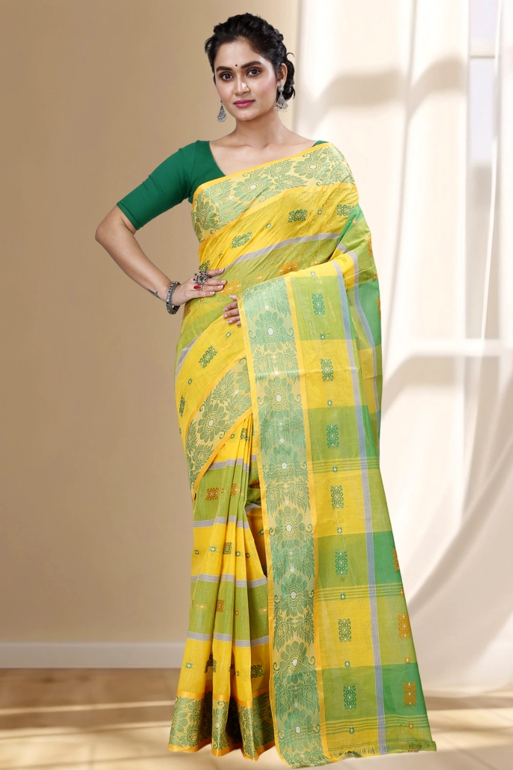 Yellow Green Pure Cotton RajSahi Tant Saree (953)