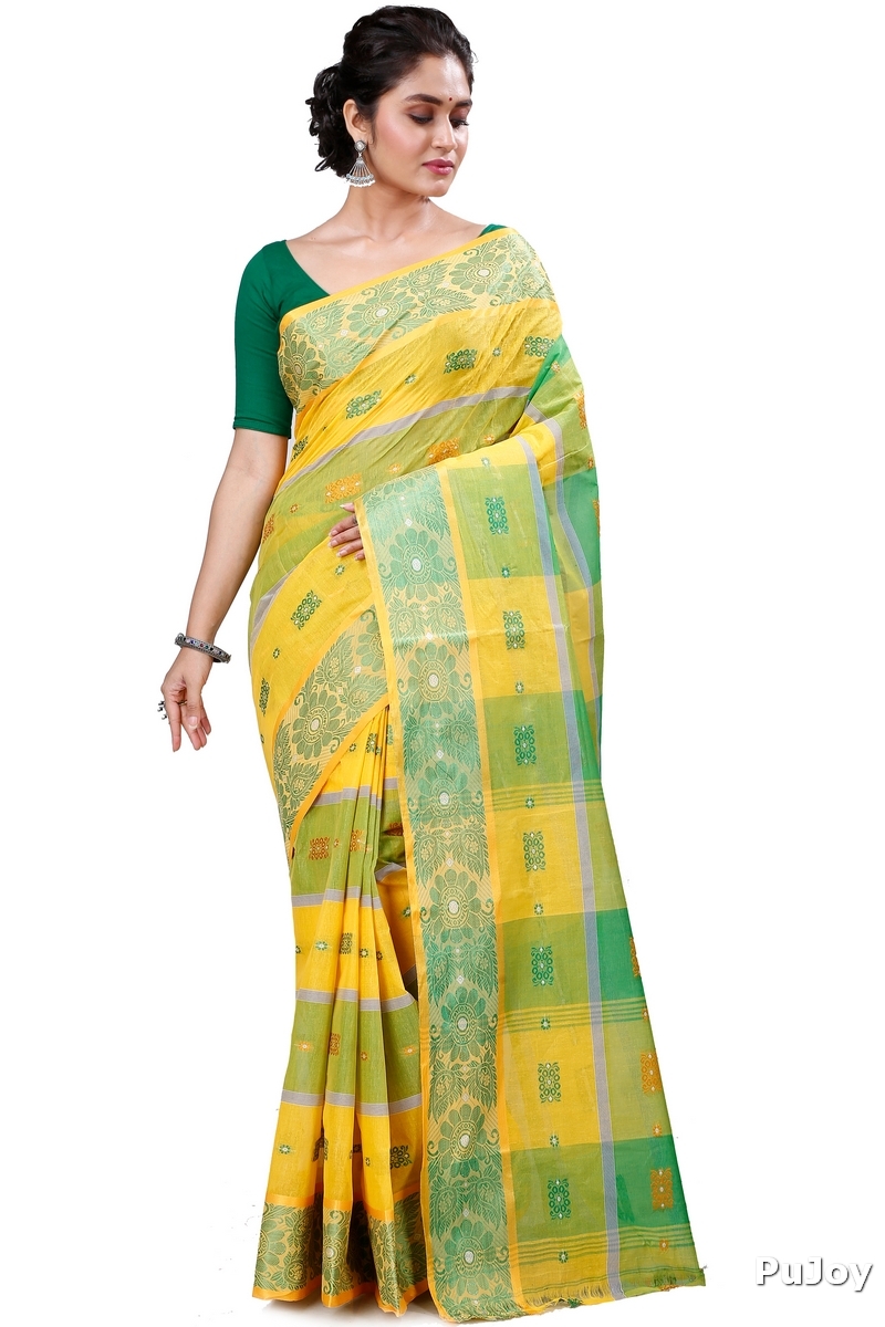 Yellow Green Pure Cotton RajSahi Tant Saree (953)