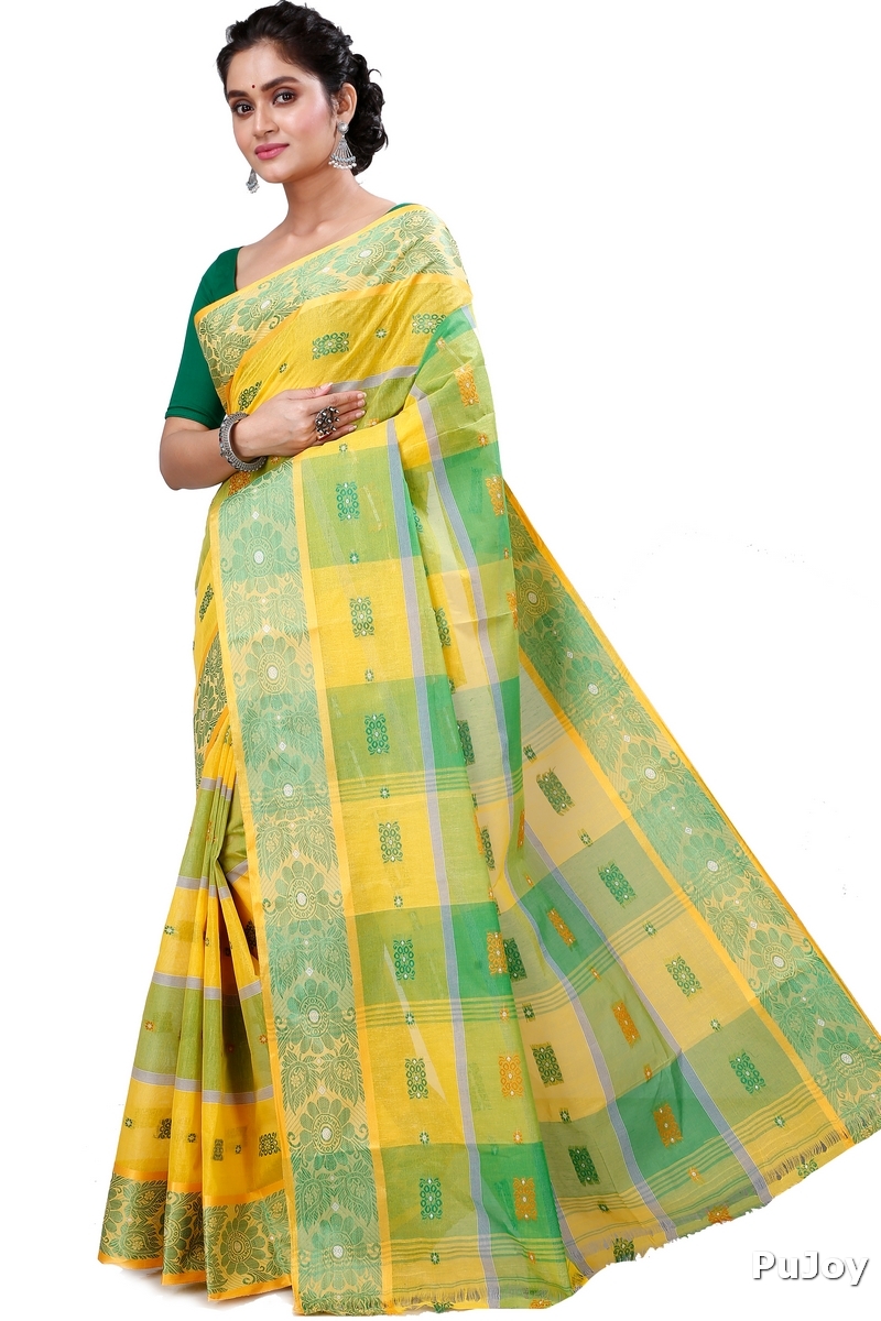 Yellow Green Pure Cotton RajSahi Tant Saree (953)