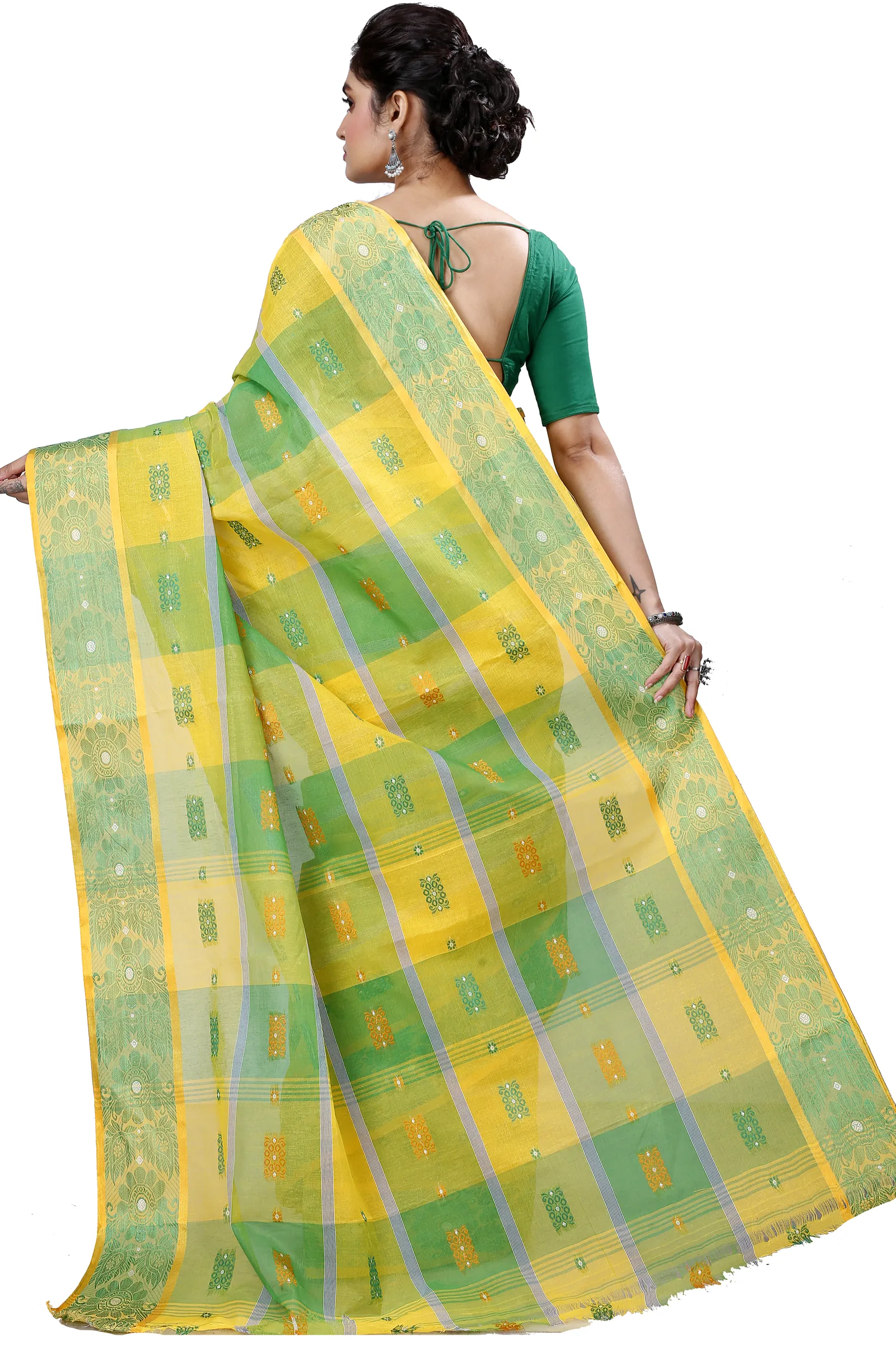 Yellow Green Pure Cotton RajSahi Tant Saree (953)