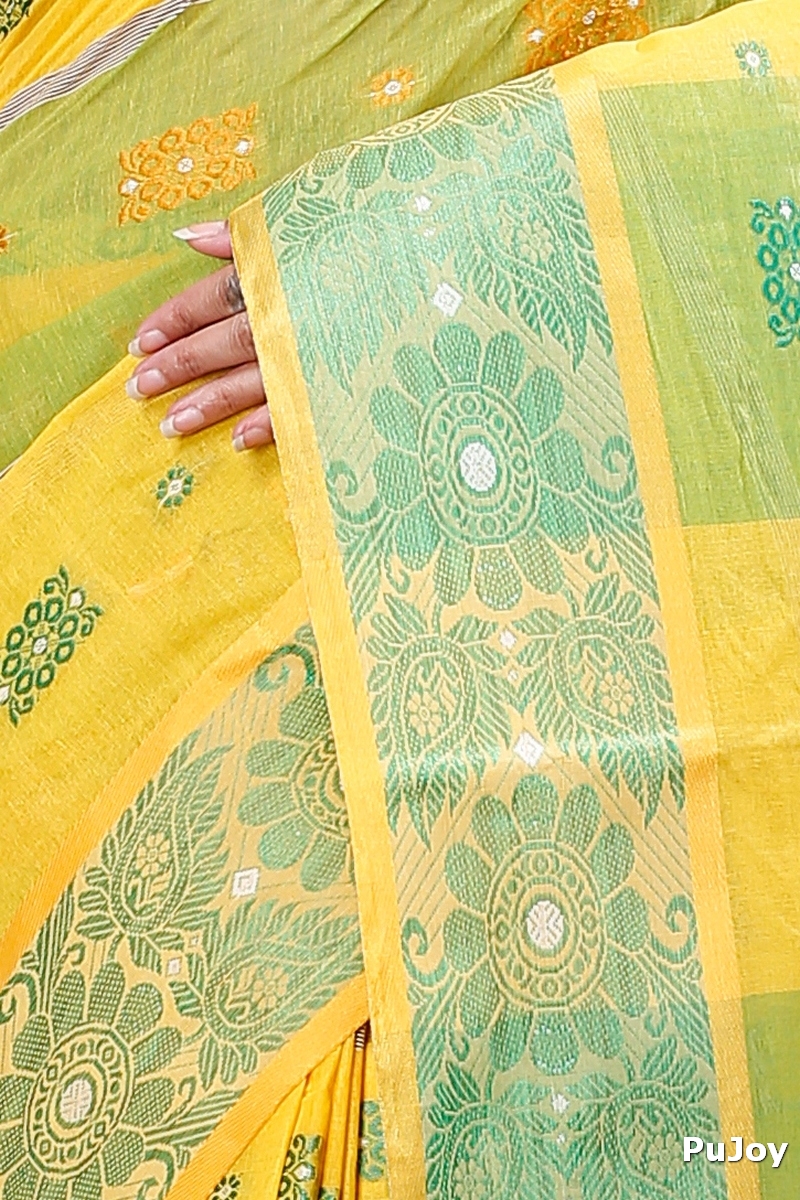 Yellow Green Pure Cotton RajSahi Tant Saree (953)