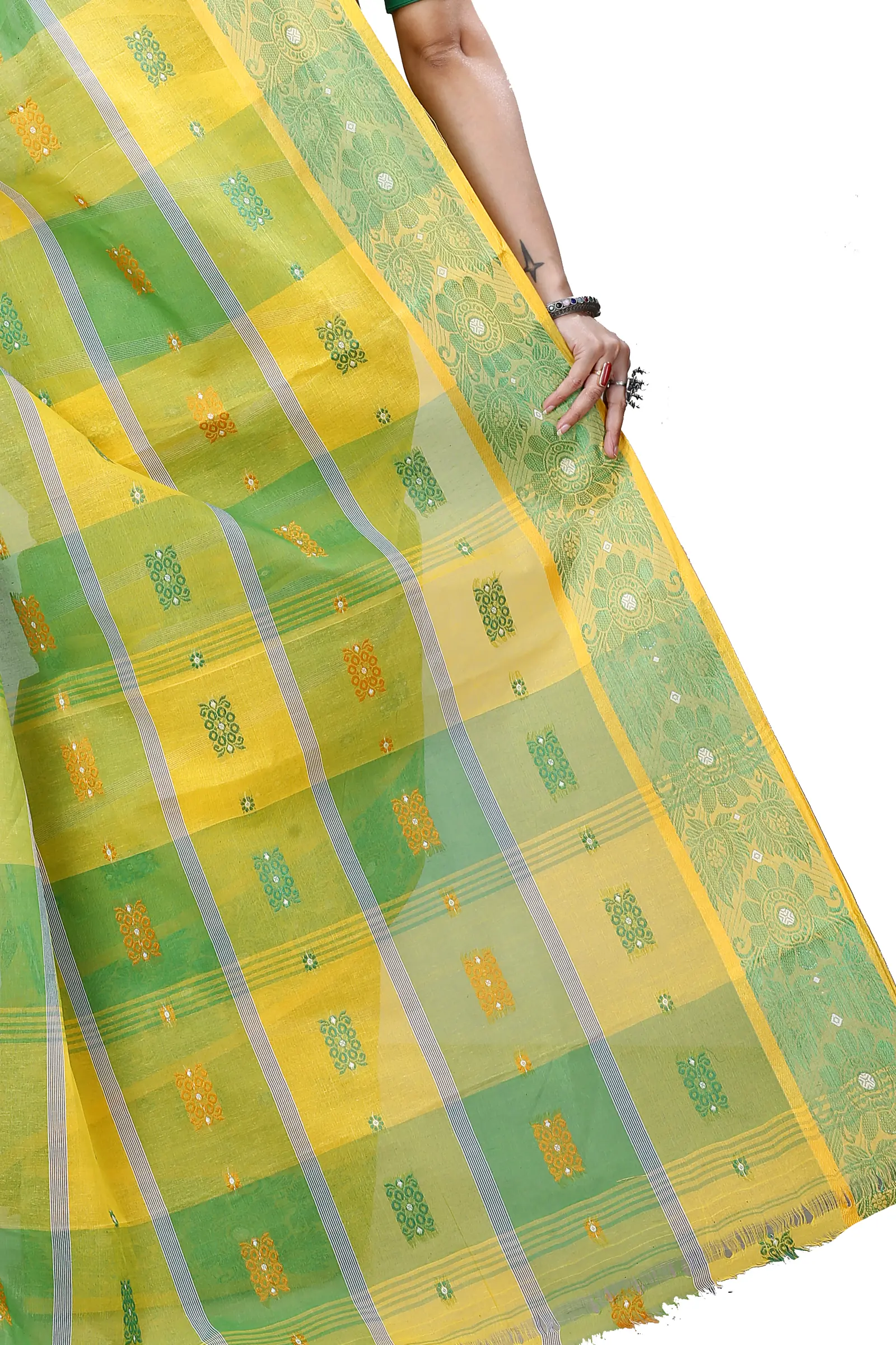 Yellow Green Pure Cotton RajSahi Tant Saree (953)