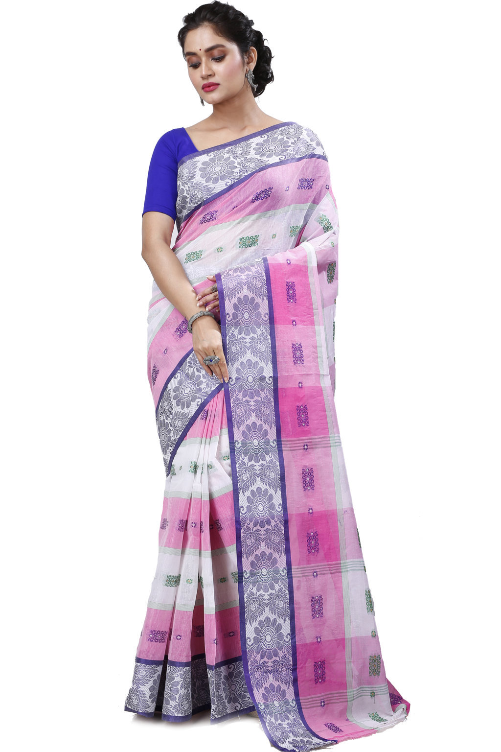 Pink White Pure Cotton RajSahi Tant Saree (954)