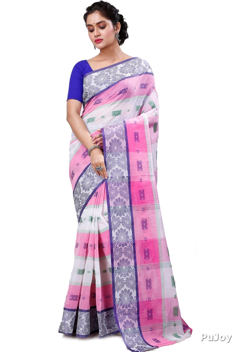 Pink White Pure Cotton RajSahi Tant Saree (954)