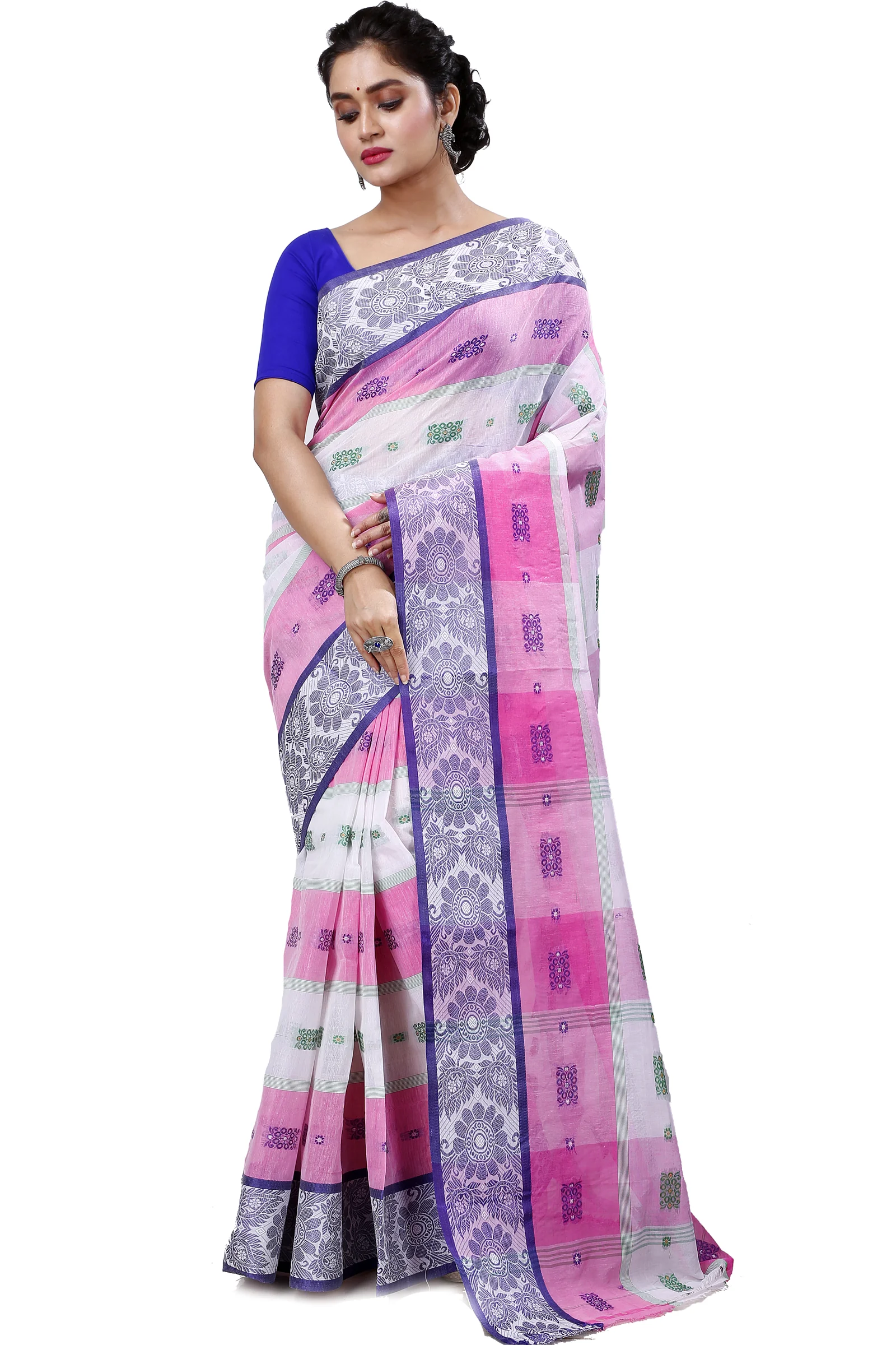 Pink White Pure Cotton RajSahi Tant Saree (954)