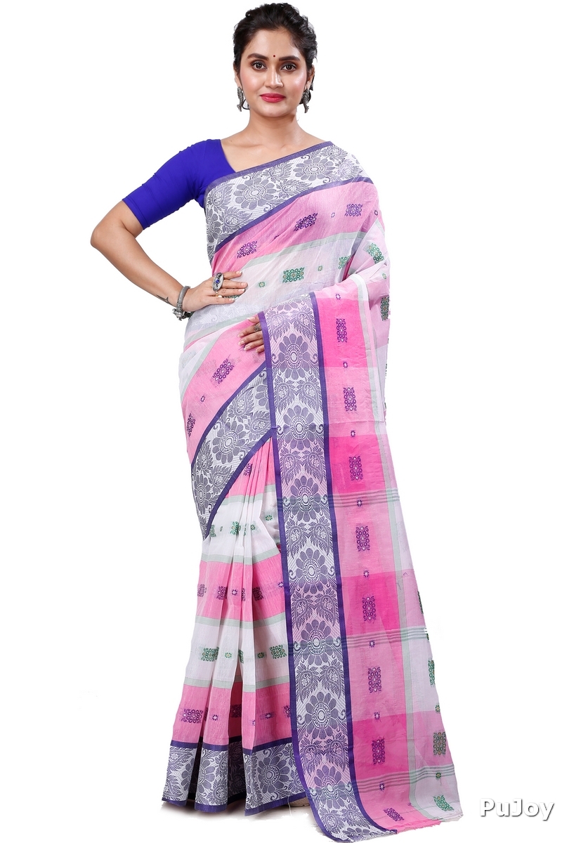 Pink White Pure Cotton RajSahi Tant Saree (954)