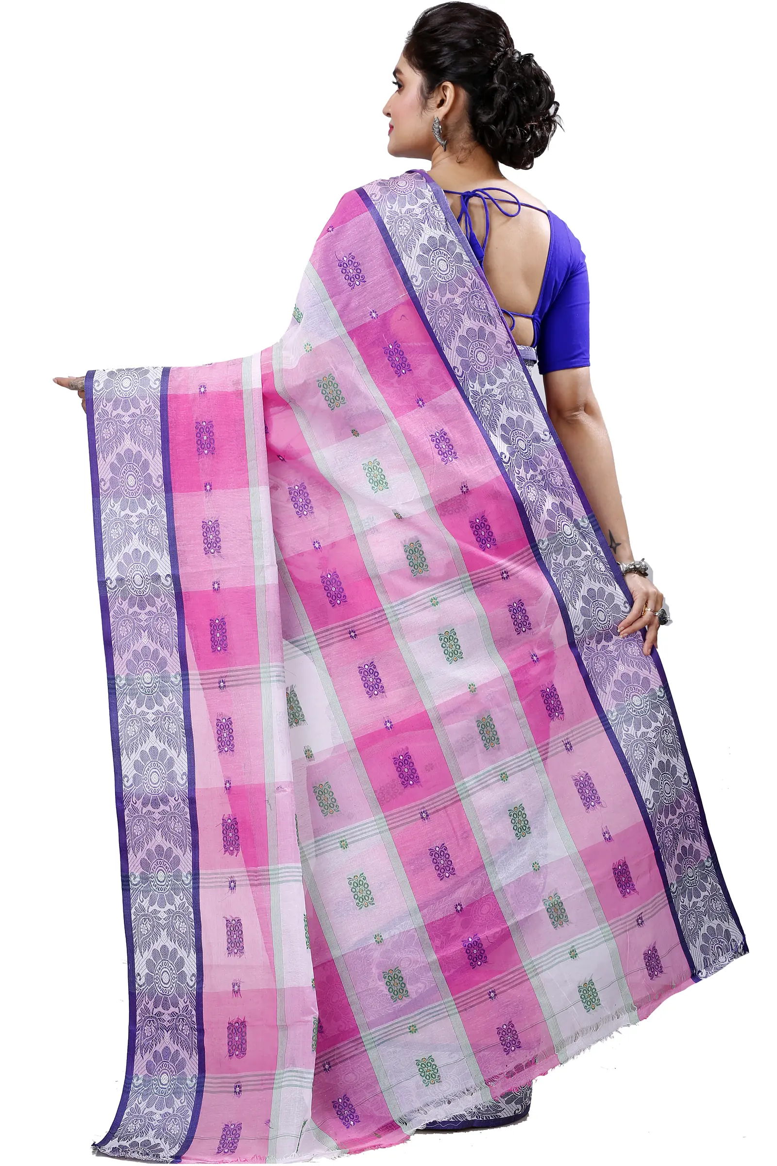 Pink White Pure Cotton RajSahi Tant Saree (954)