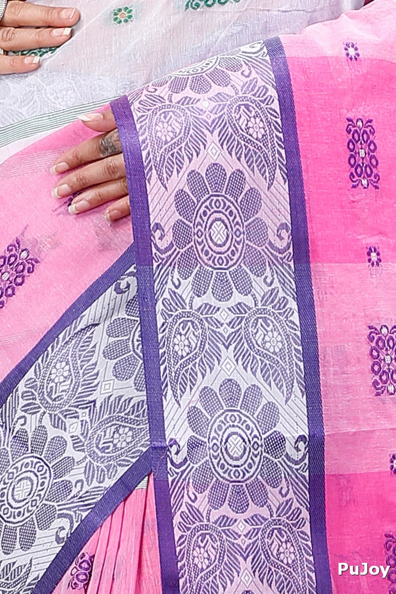 Pink White Pure Cotton RajSahi Tant Saree (954)