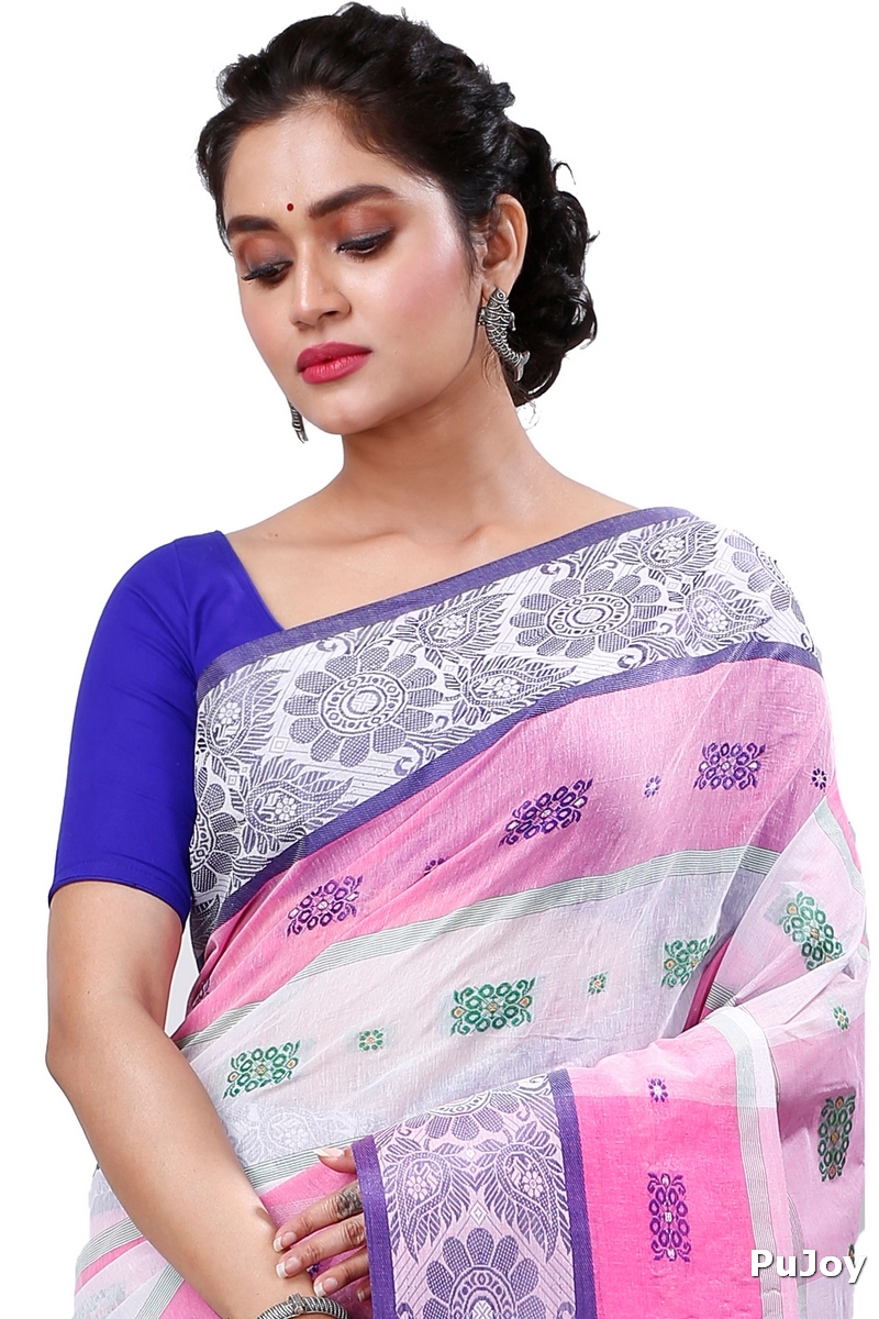 Pink White Pure Cotton RajSahi Tant Saree (954)