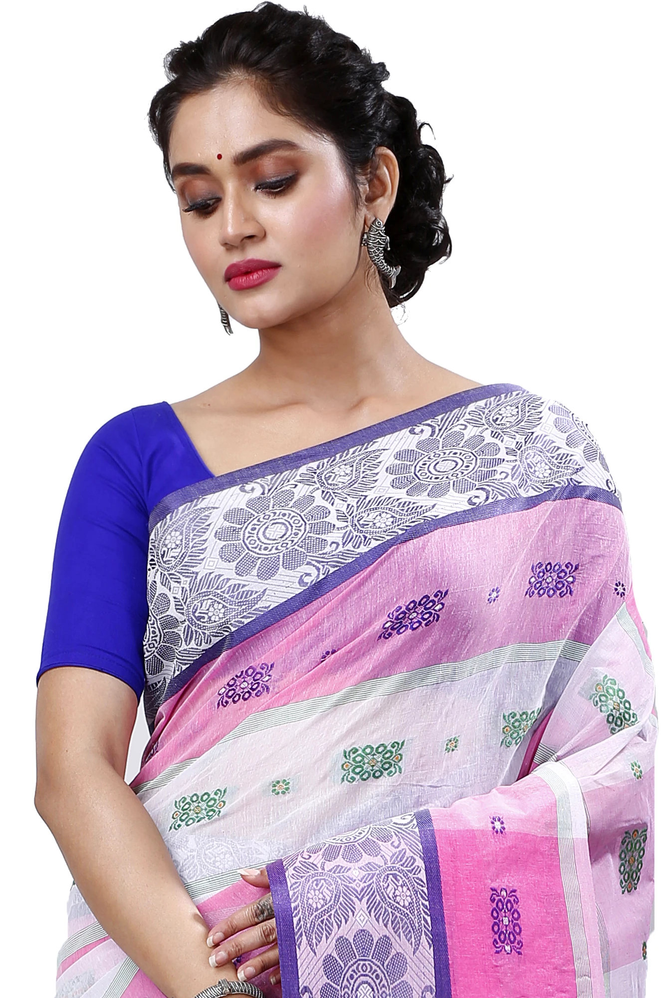 Pink White Pure Cotton RajSahi Tant Saree (954)