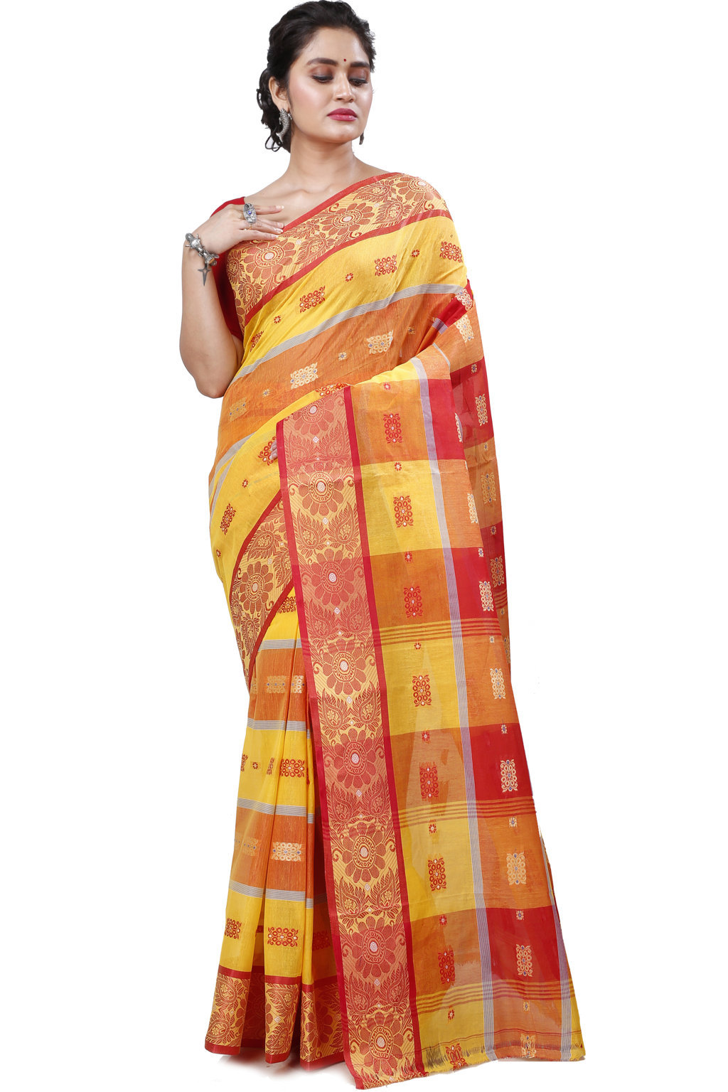 Yellow Red Pure Cotton RajSahi Tant Saree (956)
