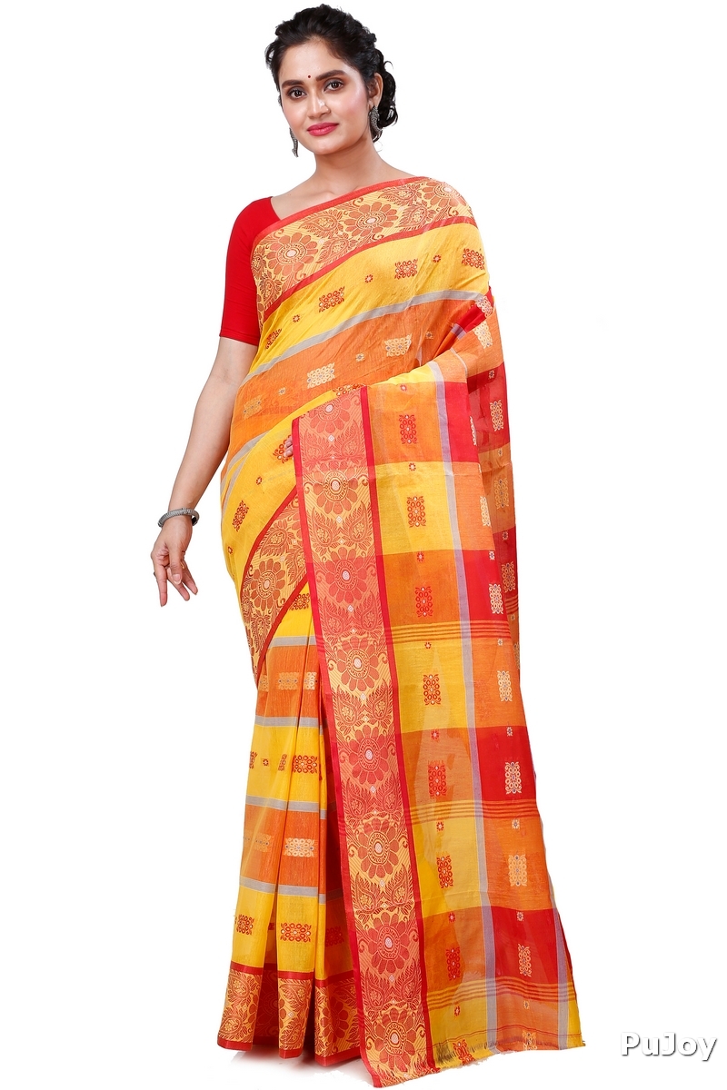 Yellow Red Pure Cotton RajSahi Tant Saree (956)