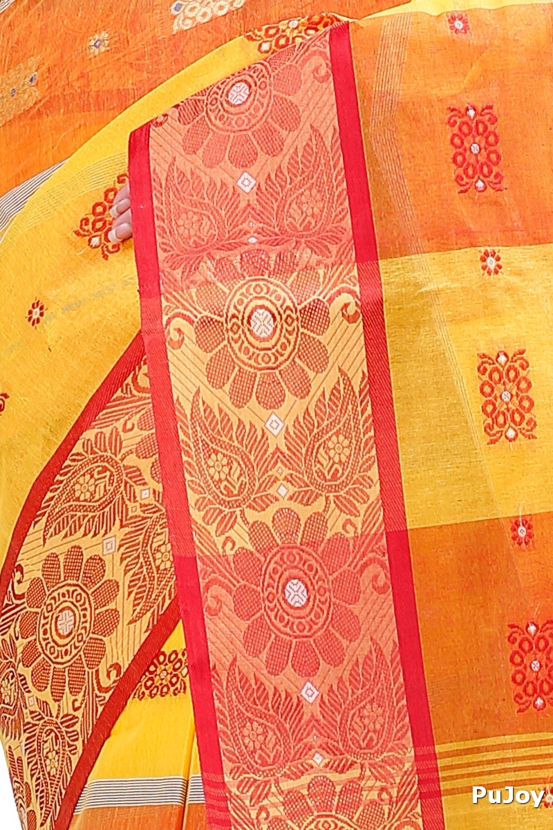 Yellow Red Pure Cotton RajSahi Tant Saree (956)
