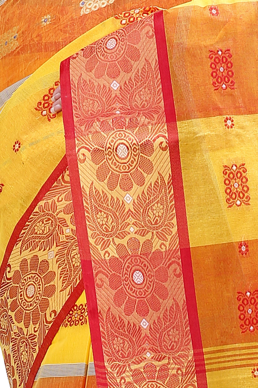 Yellow Red Pure Cotton RajSahi Tant Saree (956)
