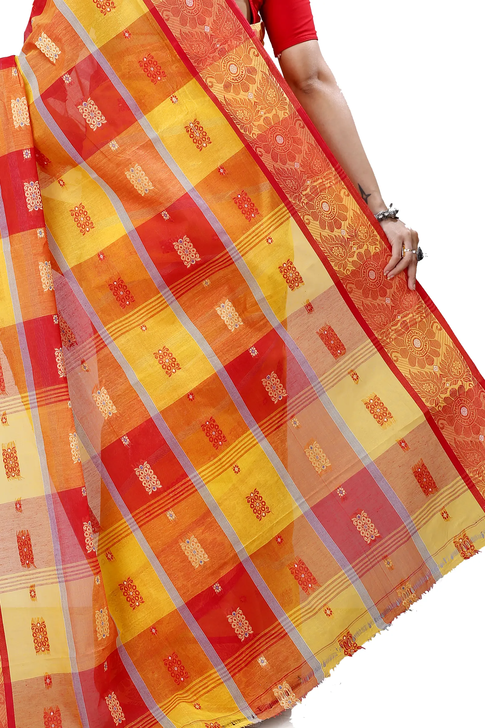 Yellow Red Pure Cotton RajSahi Tant Saree (956)