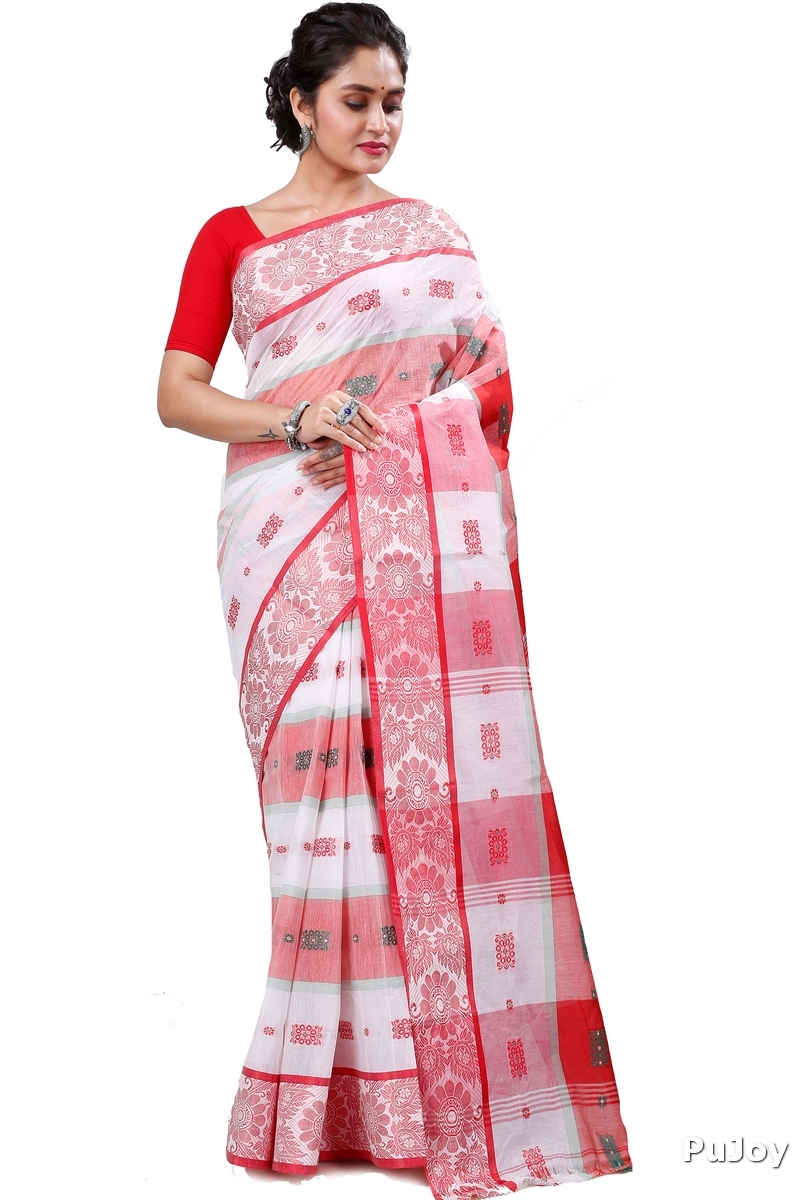 White Pure Cotton RajSahi Tant Saree (957)