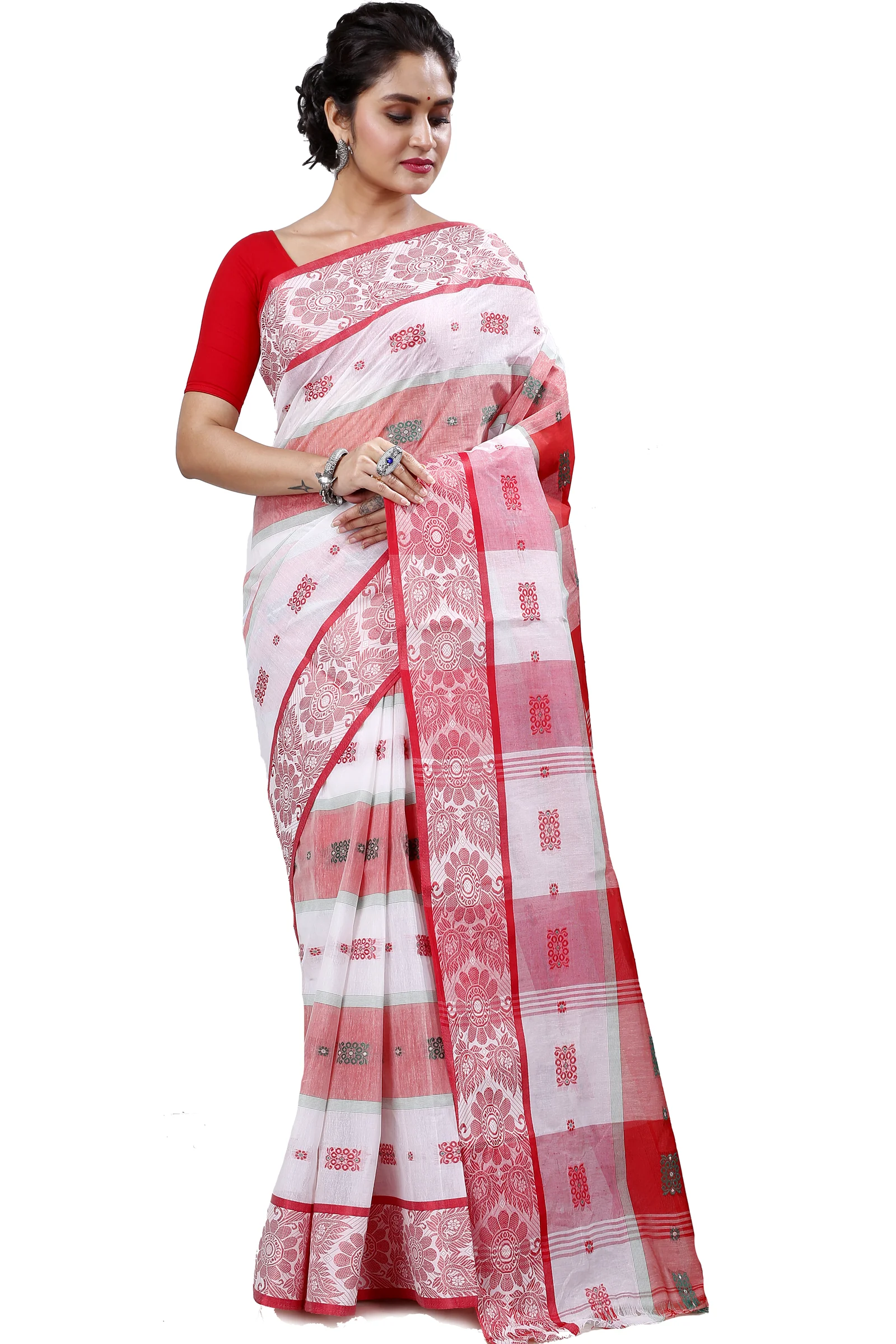 White Pure Cotton RajSahi Tant Saree (957)