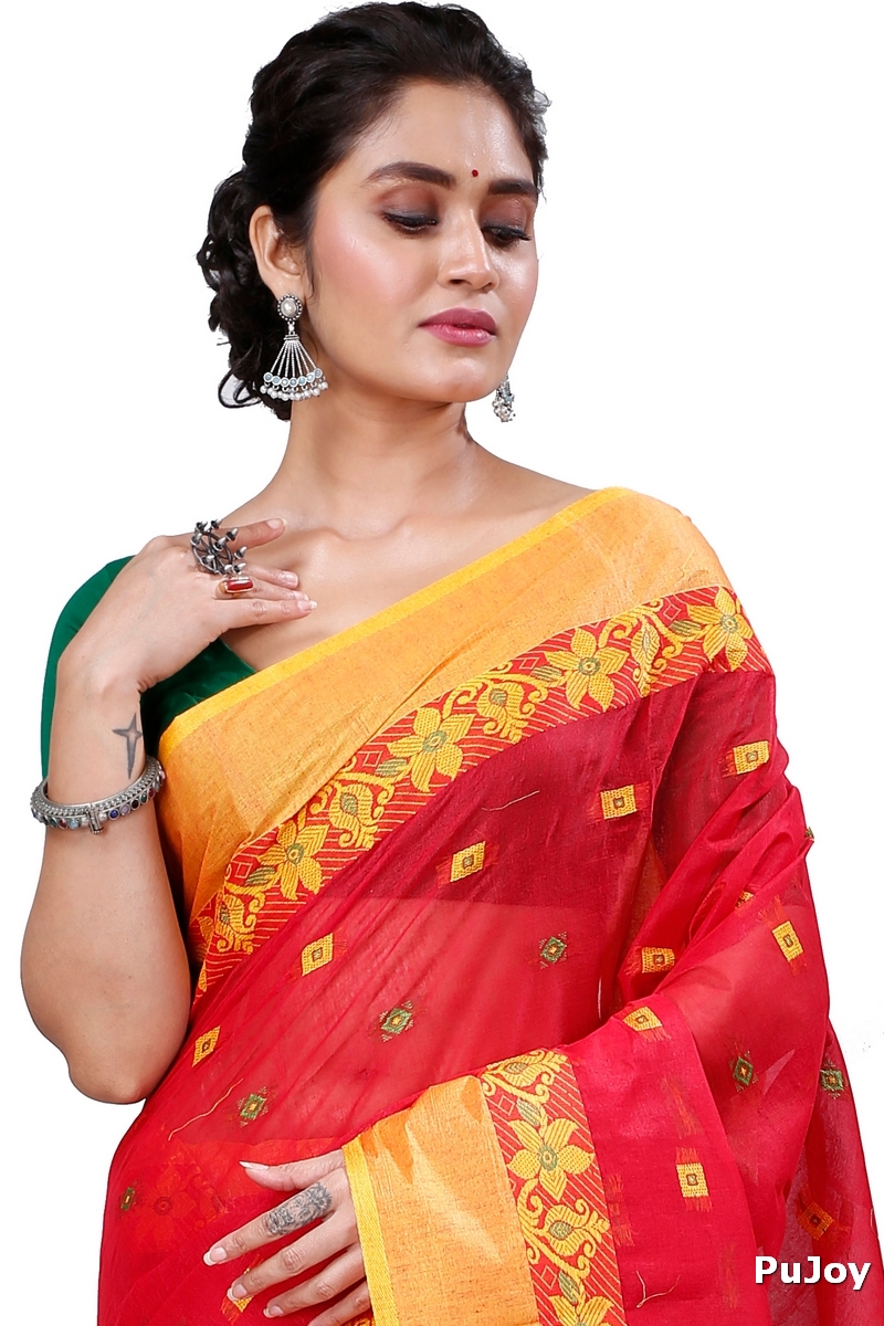 Red Pure Cotton Ramala Tant Saree (958)
