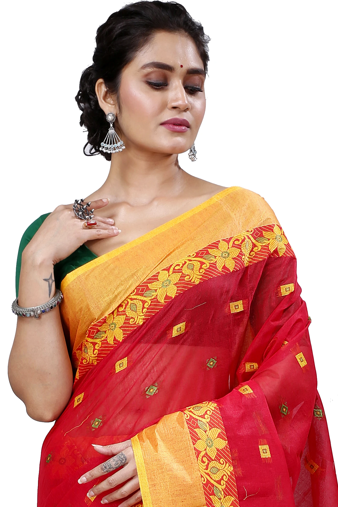 Red Pure Cotton Ramala Tant Saree (958)