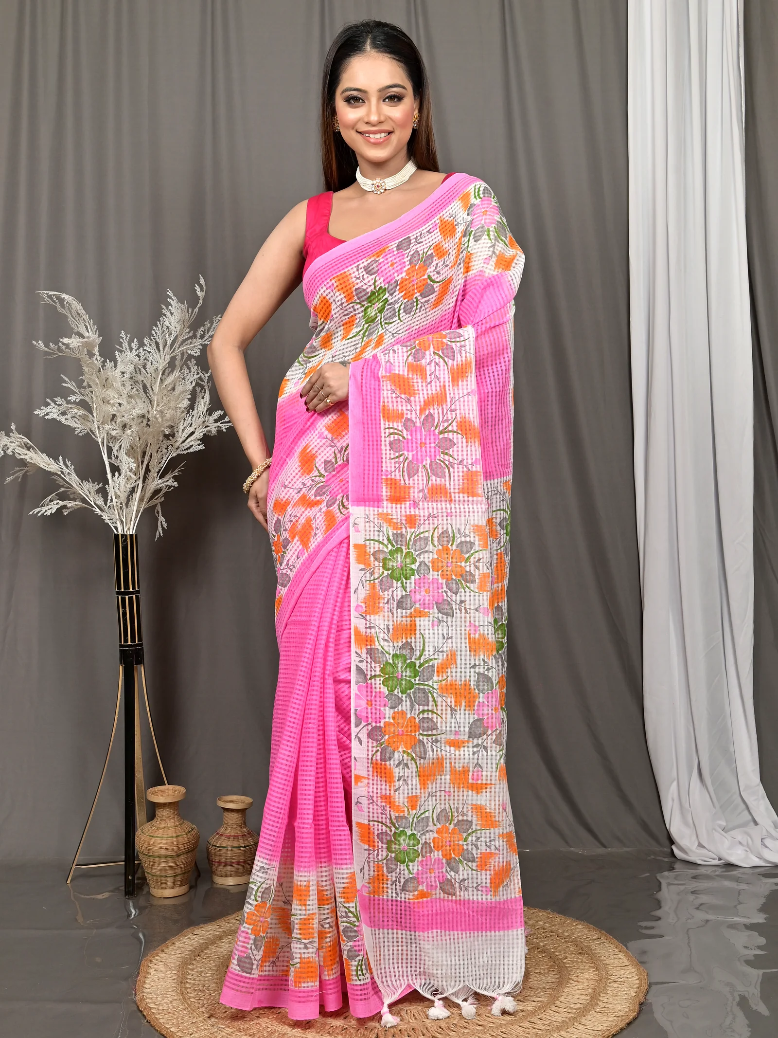 Pink White Cotton Soupon Kota Fabric Saree  (96)