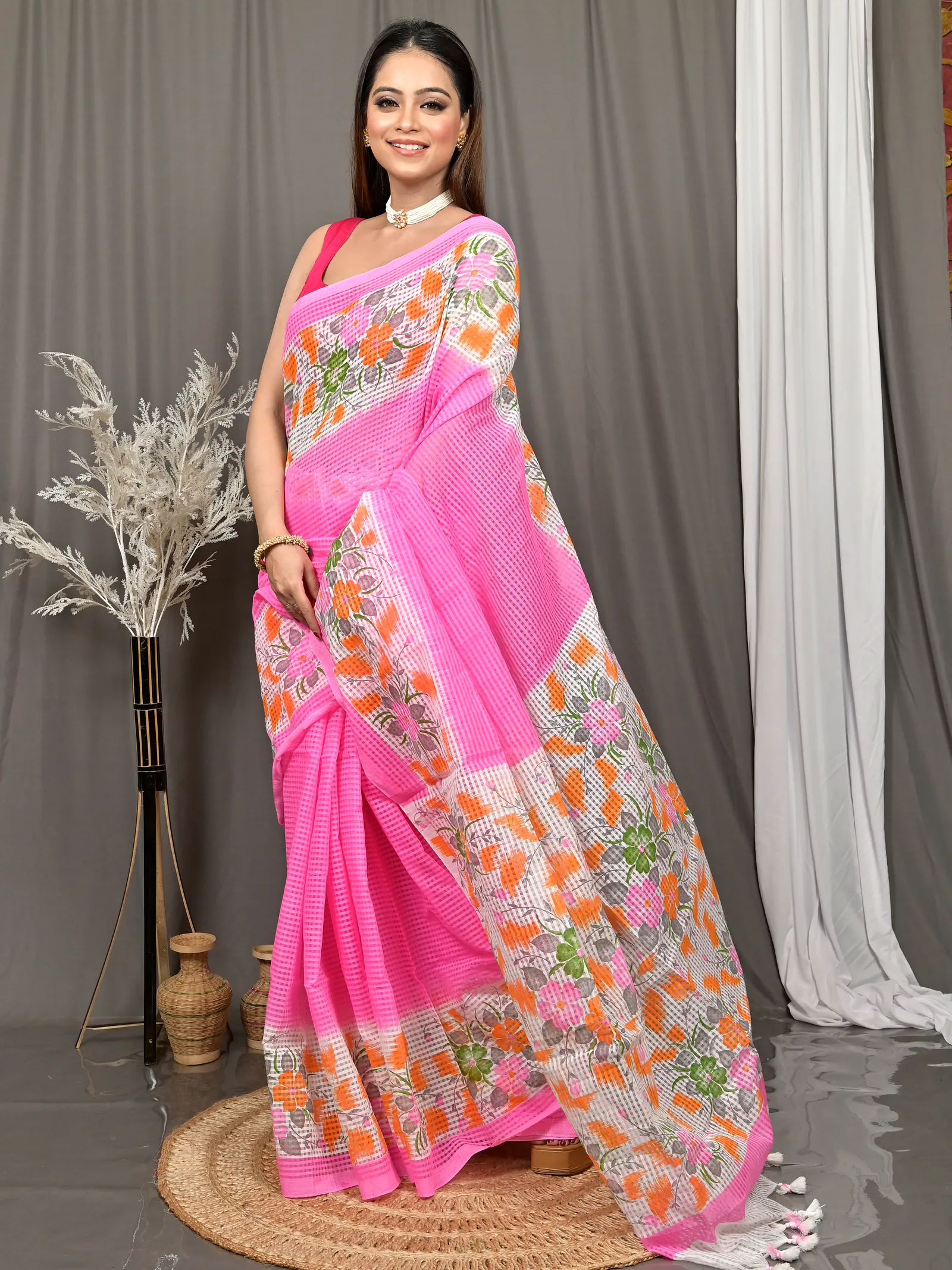 Pink White Cotton Soupon Kota Fabric Saree  (96)