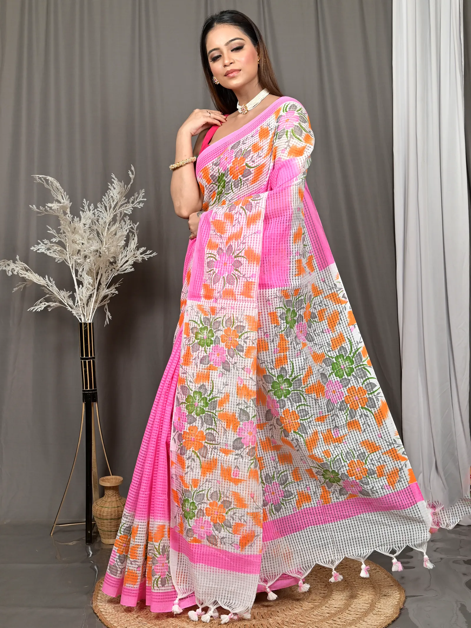 Pink White Cotton Soupon Kota Fabric Saree  (96)