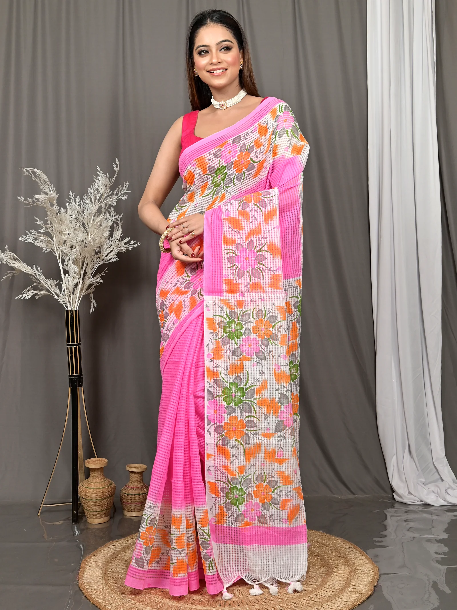 Pink White Cotton Soupon Kota Fabric Saree  (96)