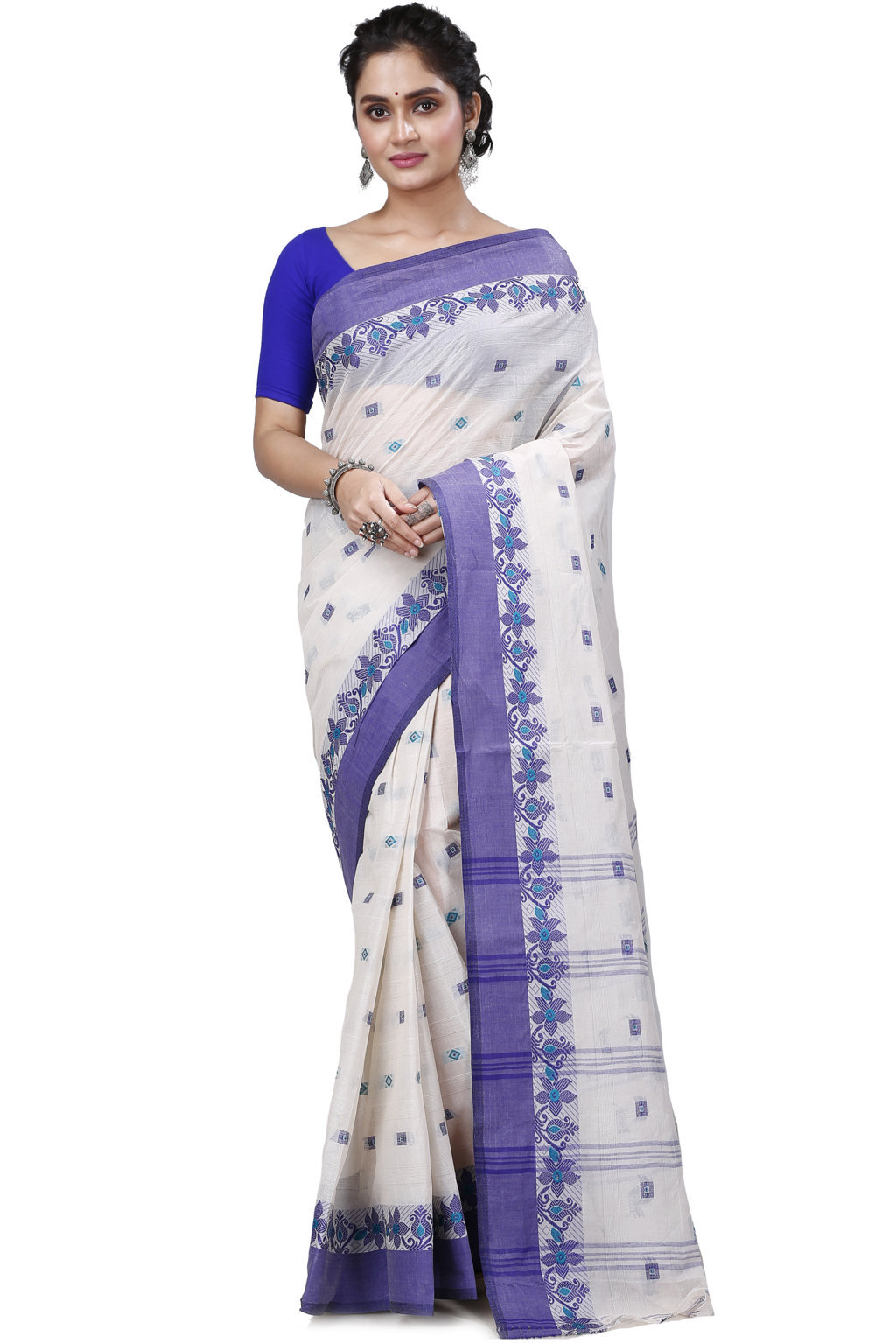 White Pure Cotton Ramala Tant Saree (961)