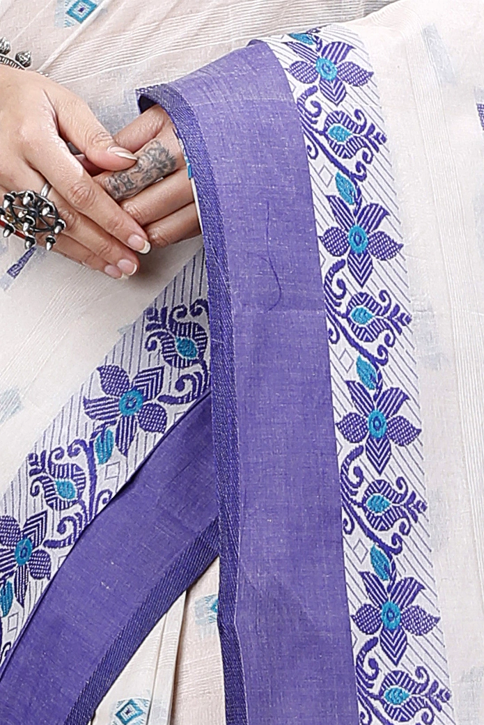 White Pure Cotton Ramala Tant Saree (961)