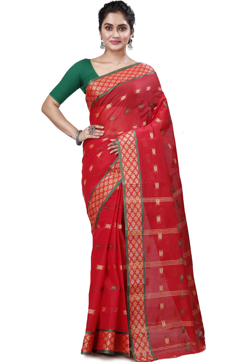 Red Pure Cotton Reese Tant Saree (967)