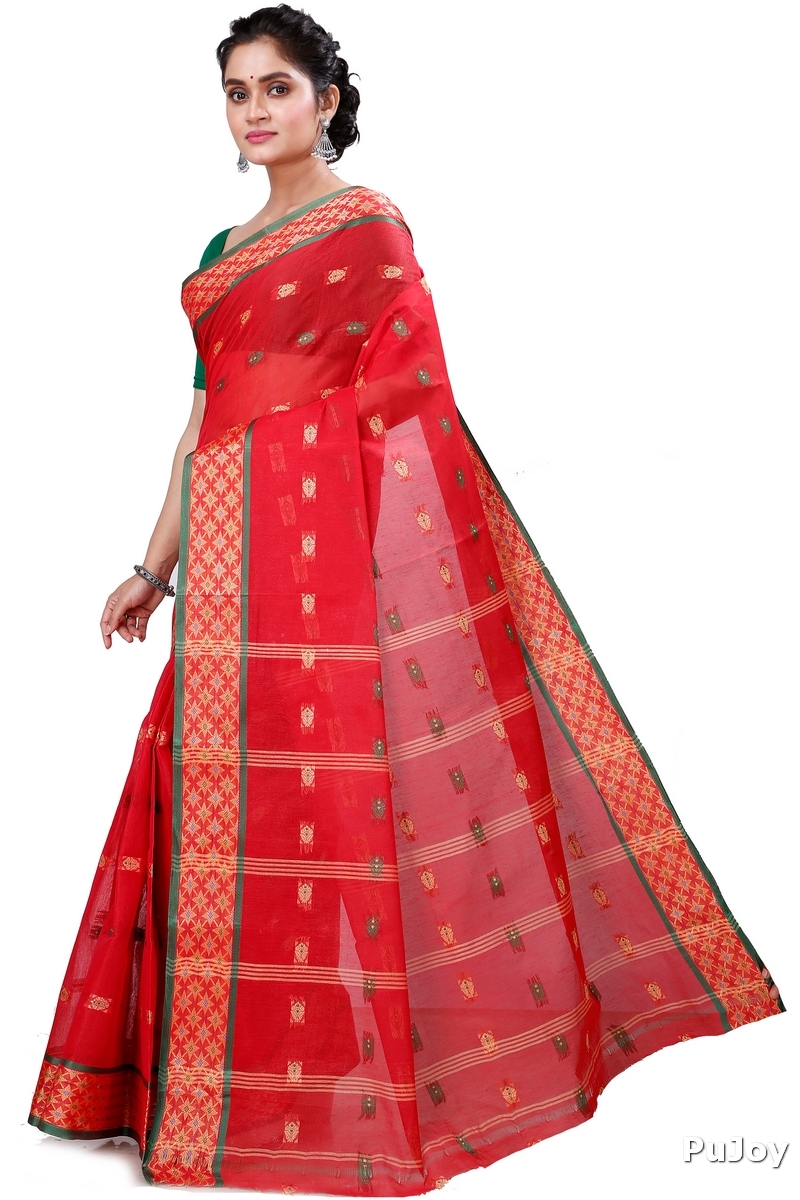 Red Pure Cotton Reese Tant Saree (967)