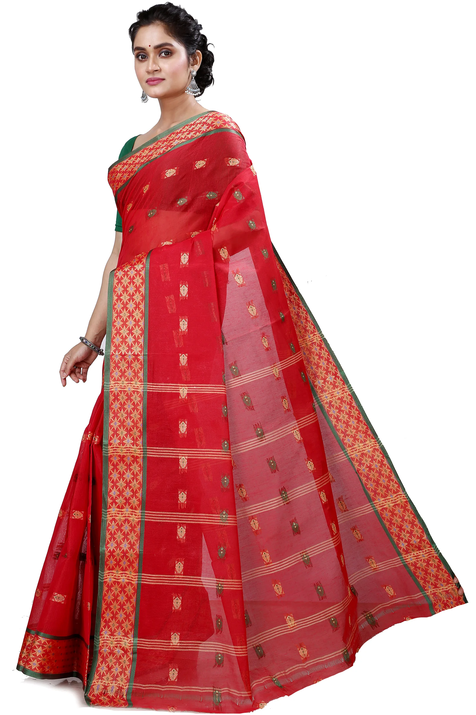 Red Pure Cotton Reese Tant Saree (967)