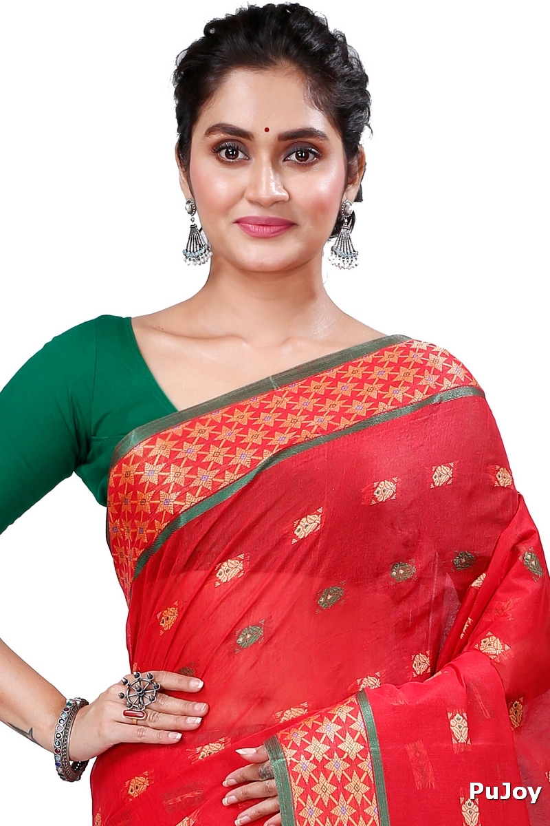 Red Pure Cotton Reese Tant Saree (967)