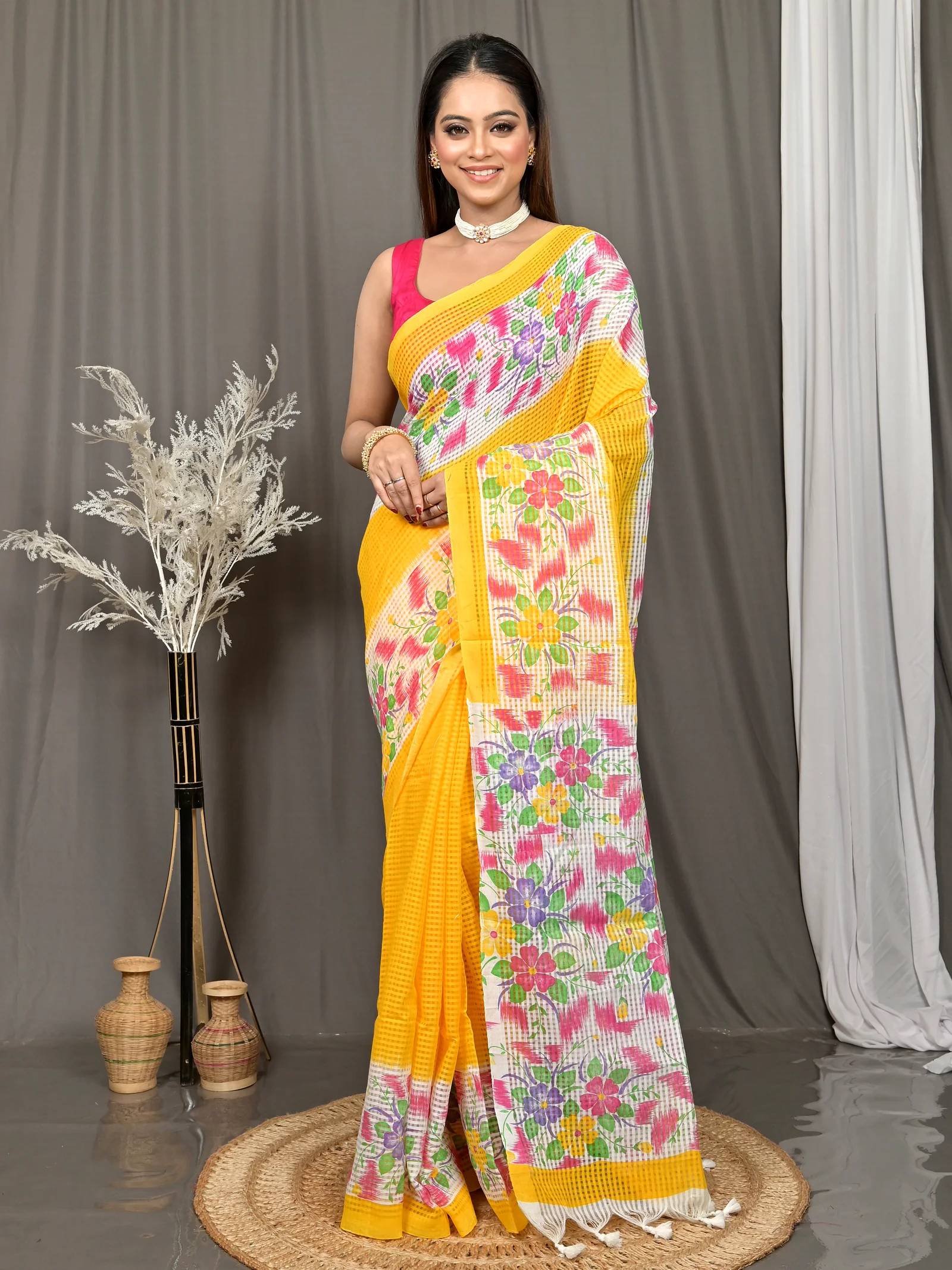 Yellow White Cotton Soupon Kota Fabric Saree  (97)