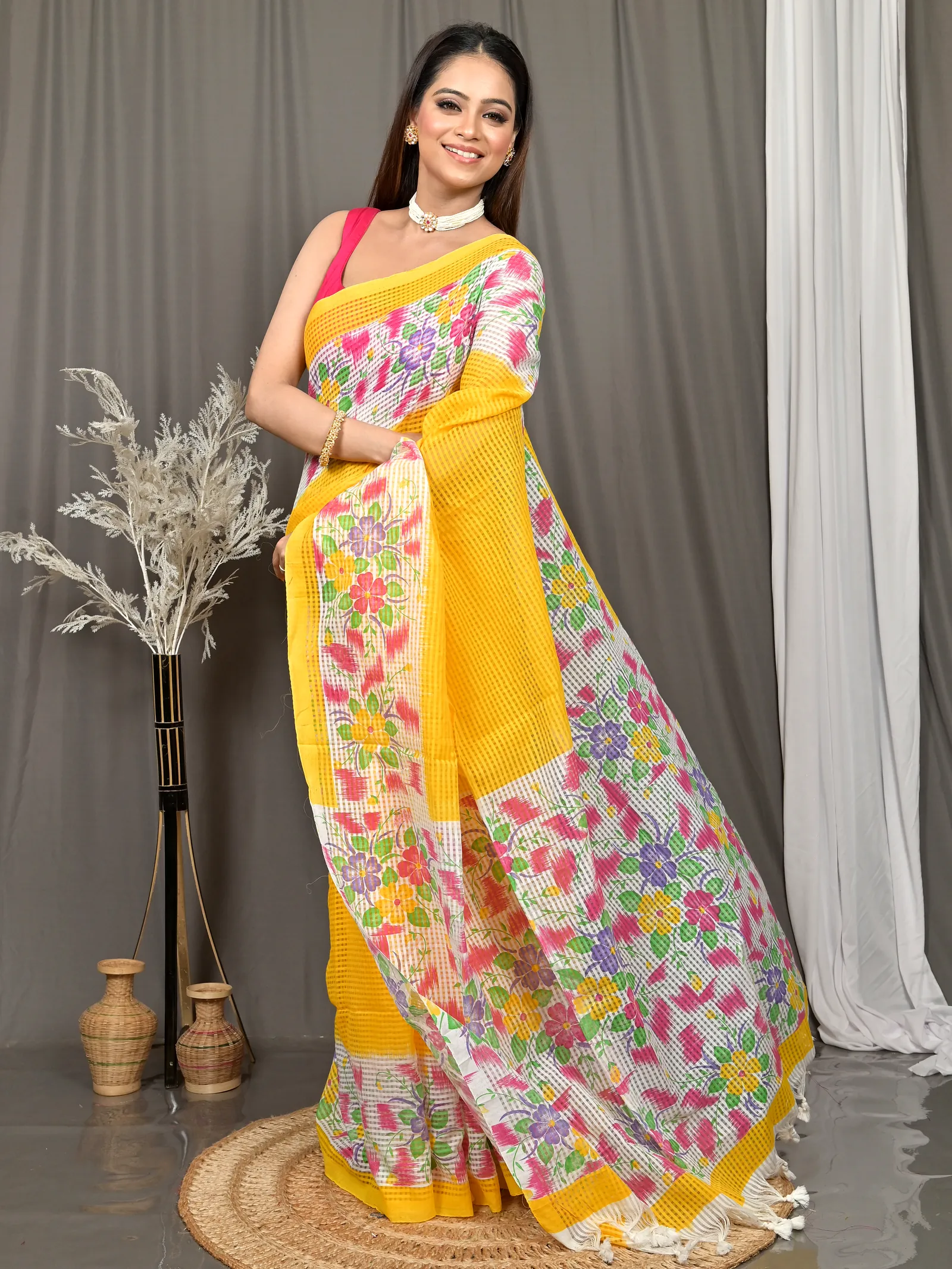 Yellow White Cotton Soupon Kota Fabric Saree  (97)