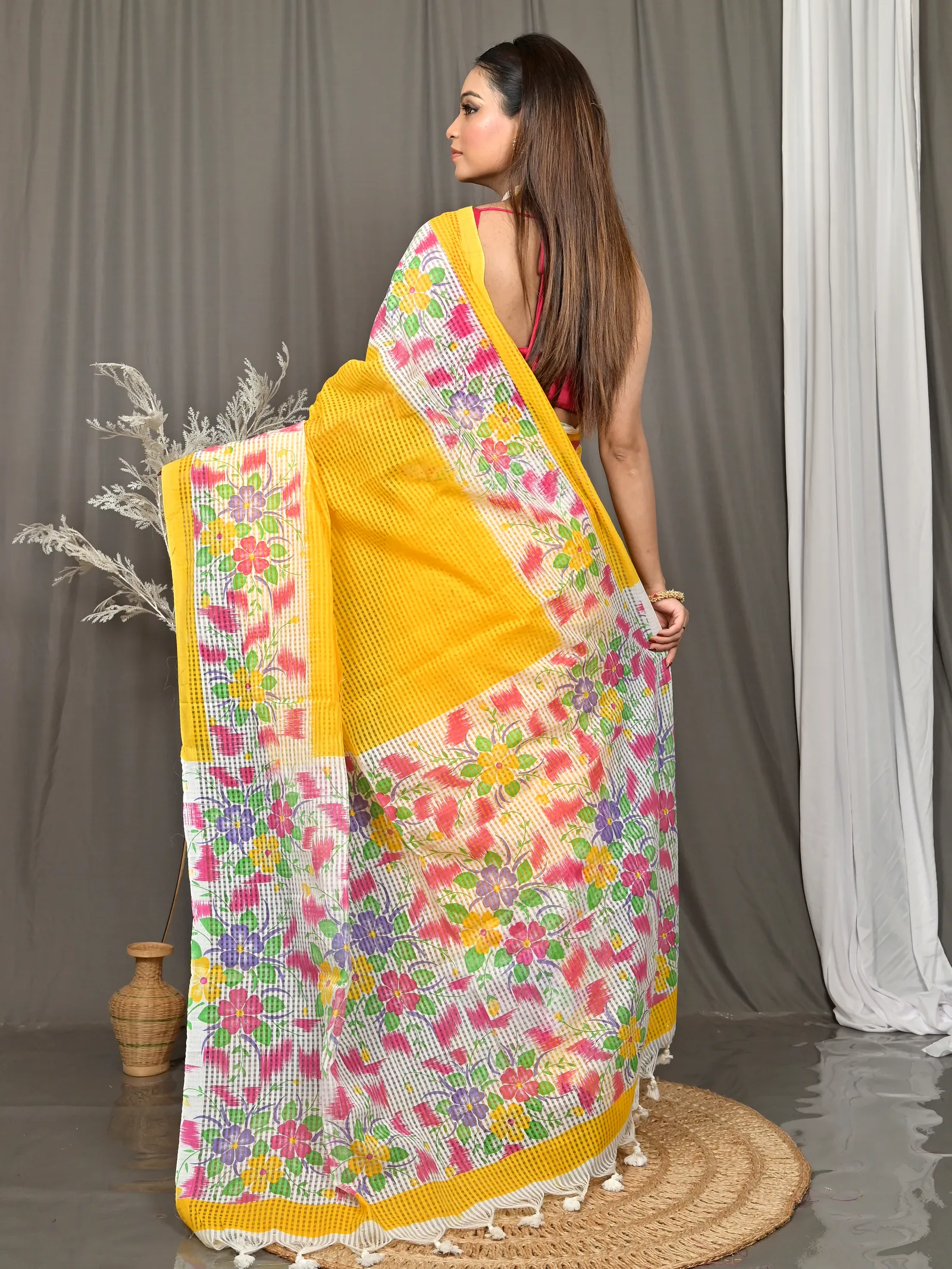 Yellow White Cotton Soupon Kota Fabric Saree  (97)