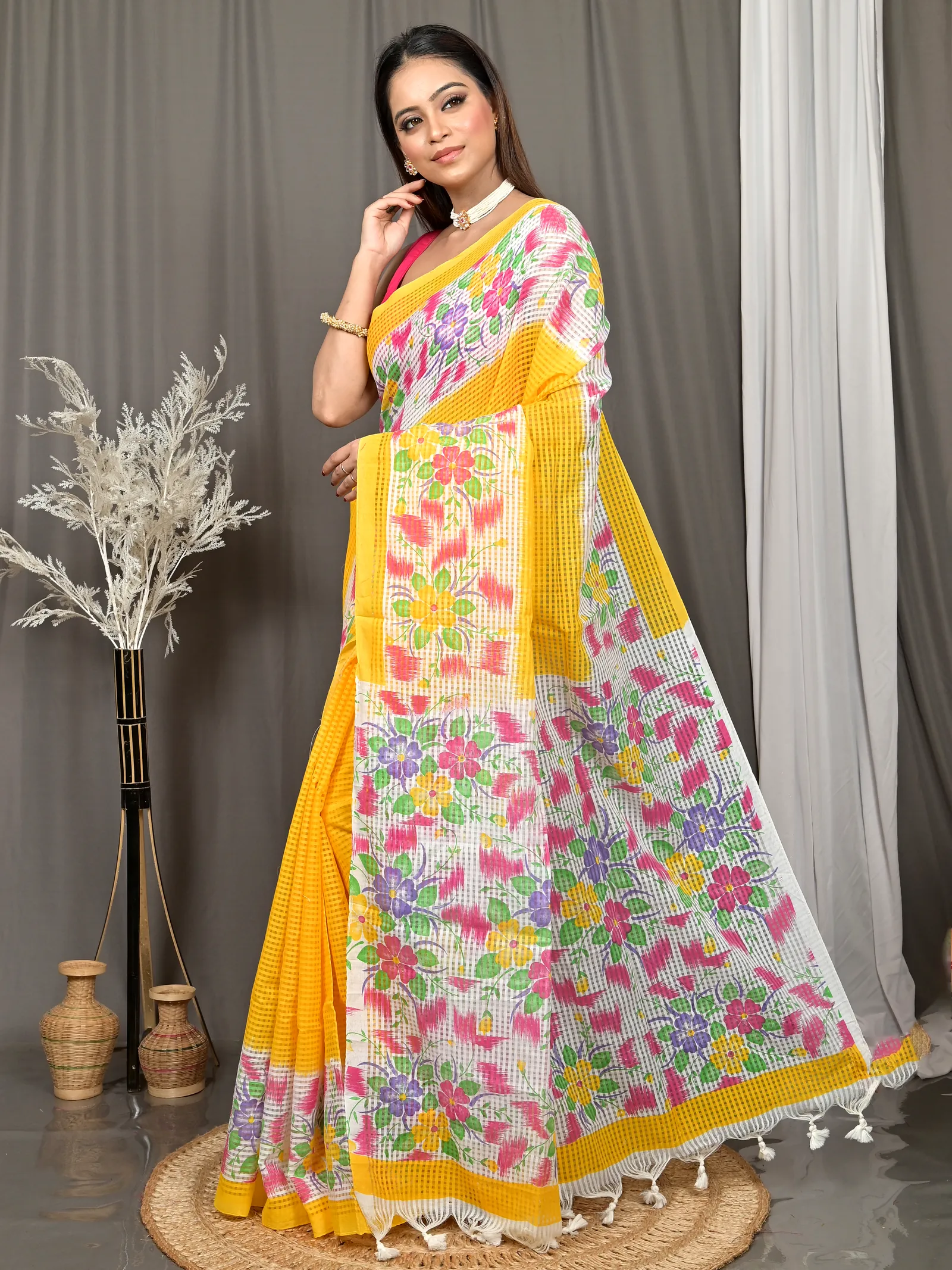 Yellow White Cotton Soupon Kota Fabric Saree  (97)