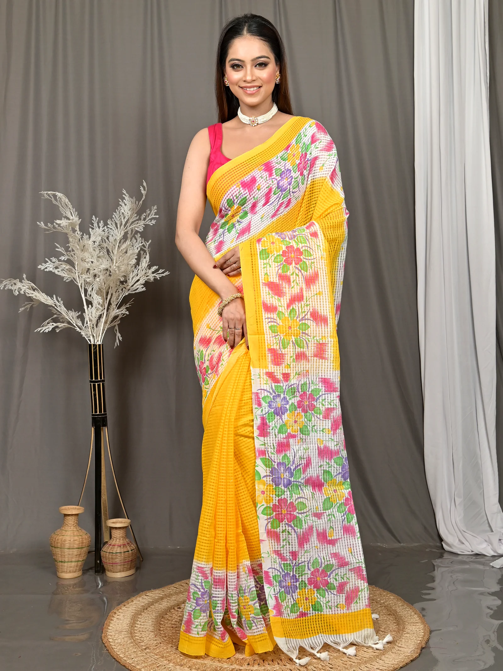 Yellow White Cotton Soupon Kota Fabric Saree  (97)