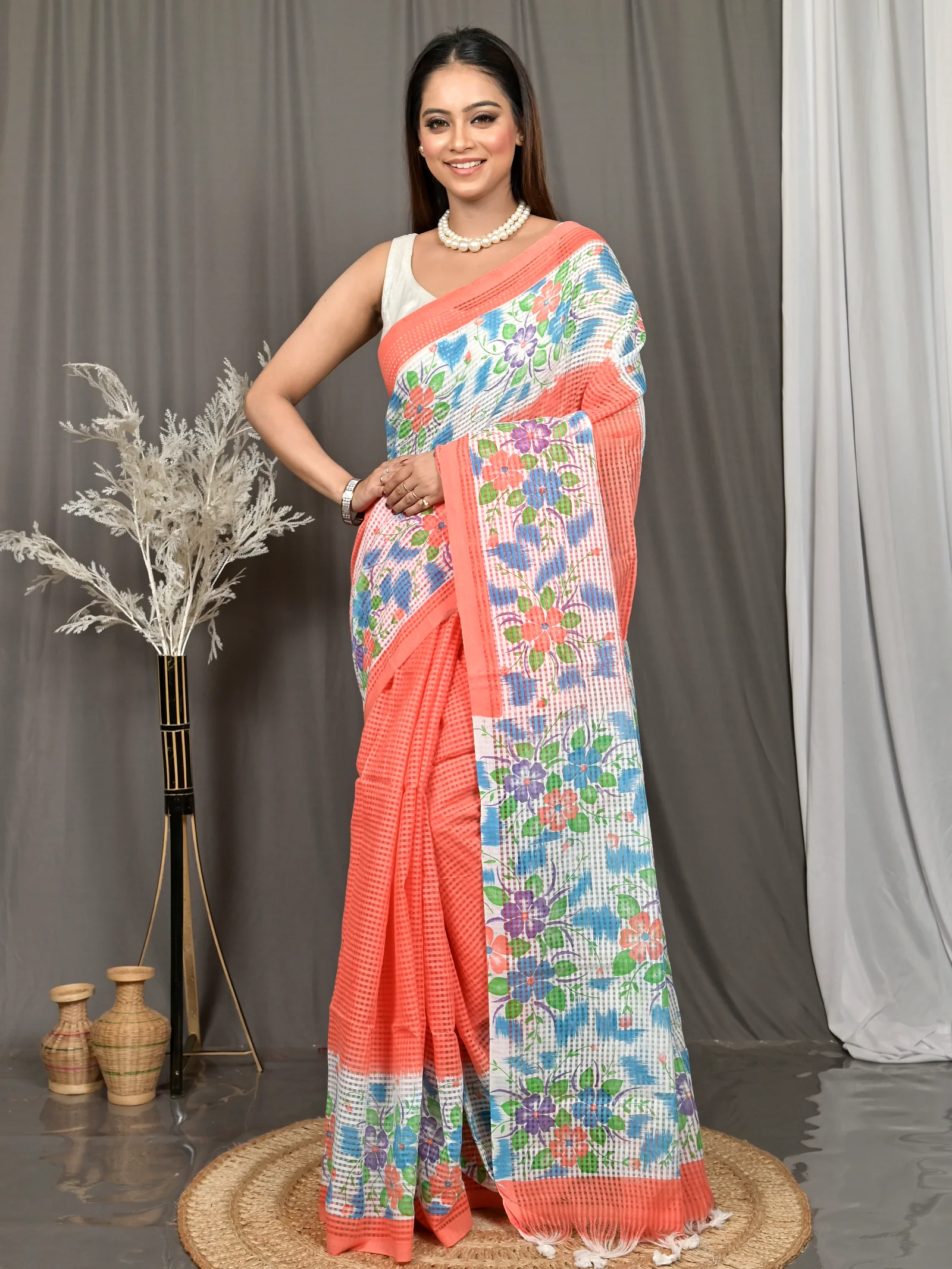 Orange White Cotton Soupon Kota Fabric Saree  (98)