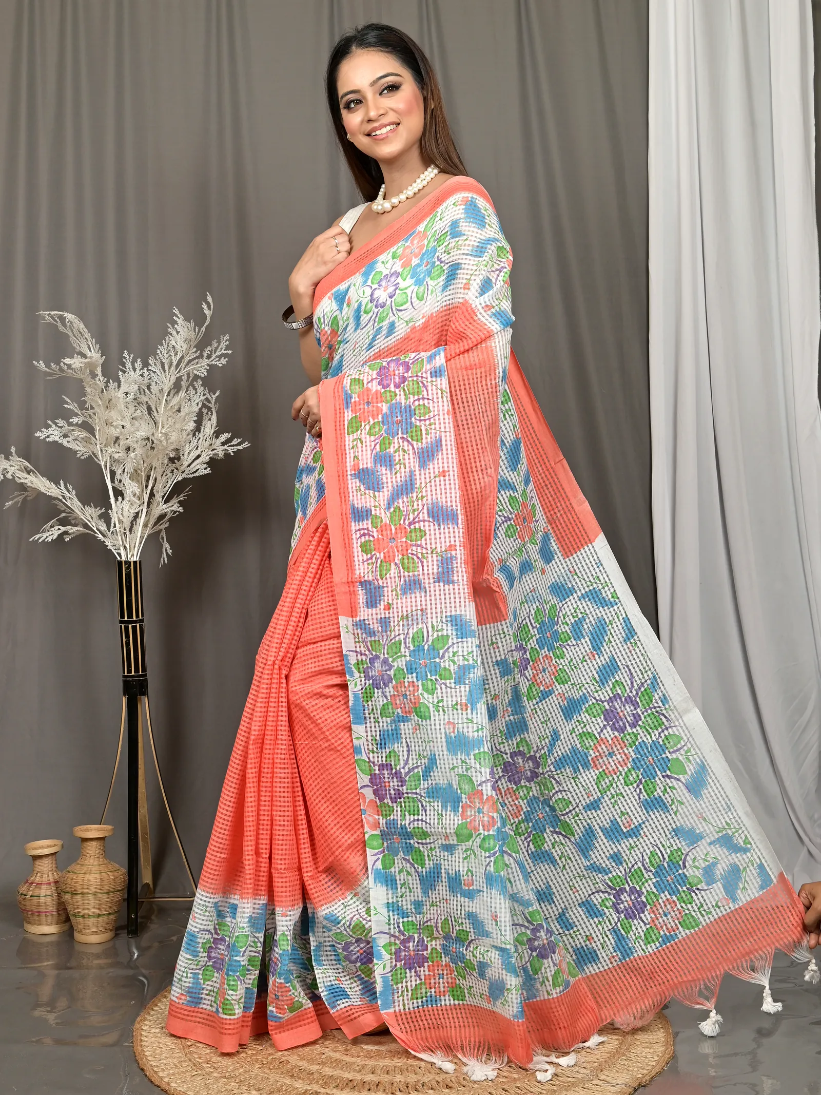 Orange White Cotton Soupon Kota Fabric Saree  (98)